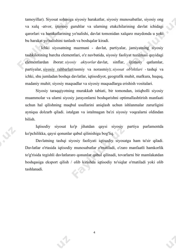 xalqning milliy maqsadlariga erishishga qaratilgan. bu umumiy maqsadlarga qisqartirish qiyin bo'lgan maqsadlarning keng to'plami. o’zbekiston tarixining sovet davrida, sotsialistik davlatning umumiy maqsadi, belgilangan sharoitda, odamlarning moddiy va ma'naviy ehtiyojlarini qondirishning eng yuqori darajasiga erishish sifatida shakllantirildi. siyosat maqsadining bu formulasi asosan mafkuraviy xarakterga ega edi, har xil ehtiyojlarni qondirish darajasi va ehtiyojlarning miqyosi o'lchovi bo'lmagan taqdirda, faqat sifatli edi. zamonaviy iqtisodiyot fanida davlat iqtisodiy siyosatining maqsadlarini belgilash, maqsad va vazifalarini belgilash muammosi ko'proq utilitariar hisoblanadi va yagona umumiy maqsadni shakllantirishga emas, balki bunday maqsadlar spektrini, majmuini o'rnatishga olib keladi. biroq, bu yondashuv bilan ham, davlat o'zining iqtisodiy siyosatini ishlab chiqish va amalga oshirish jarayonida olib boradigan maqsadlar majmuini birma -bir ifoda etishning iloji yo'q. bozor munosabatlari hukmron bo'lgan mamlakatlarda, davlat iqtisodiy siyosatning asosiy maqsadlarini faqat bozorning o'zi hal qila olmaydigan, boshqaruvning bozor mexanizmiga bo'ysunmagan vazifalarni o'z zimmasiga olishi va ko'rib chiqishi kerak, deb qabul qilingan. bu yondashuv bilan davlat iqtisodiy …