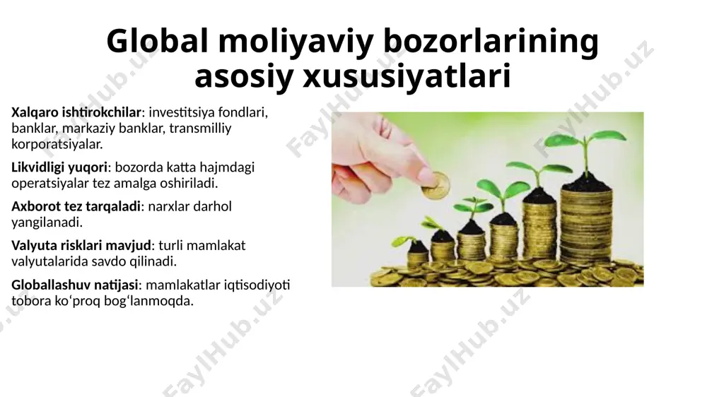izimda ishlaydi. bu turdagi bozorlar barqarorlik va umumiy siyosatga xizmat qiladi. milliy moliyaviy bozorlari — har bir davlat ichida joylashgan, mahalliy iqtisodiyotga xizmat qiluvchi moliyaviy tizimdir. bu bozorlar iqtisodiy o‘sishni moliyalashtirishda muhim rol o‘ynaydi. har uchala bozor turining o‘z o‘rni, vazifasi va ustunliklari bor. ular bir-birini to‘ldirib, jahon moliya tizimini tashkil qiladi. image1.jfif image2.jpg image3.jpg image4.jpg /docprops/thumbnail.jpeg