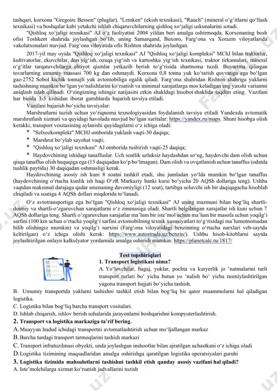 l qiladi. idishning ichki o‘lchamlari kengligi 2,4 m, balandligi 2,5 m va uzunligi 12 m. oklenddan malayziyadagi portga dengiz transporti uchun tarif har bir yuklangan idishning og‘irligi 22 tonnadan oshmasligi sharti bilan har bir konteyner uchun 800 dollarni tashkil qiladi. dengiz orqali tashishni sug‘urtalash narxi yuk narxining 2% ni tashkil qiladi. yukning narxi kemaga yuklangunga qadar barcha xarajatlarni o‘z ichiga oladi. buyurtma juda katta bo‘lganligi sababli, madison lamps chiroqni qayta loyihalashga va silindrsimon shakl o‘rniga konusning shaklini berishga qaror qildi. ushbu variantning afzalligi shundaki, konusning chiroqlari bir-biriga joylashtirilishi mumkin. albatta, lampalar orasida ba’zi qistirmalarni ta’minlash kerak, ammo qadoqlash paytida ular qo‘shimcha himoya qiladi. boshqa tomondan, materialni konus shaklida kesish juda ko‘p yo‘qotishlarni keltirib chiqaradi, natijada ishlab chiqarish narxi har biri 4,3 dollarga ko‘tariladi. yoritgichlarga "b turi"nomi berildi. ularni bir- biriga joylashtirilgan holda, 6 dona paketlarda tashish mumkin. idishning o‘lchamlari 30x30x120 sm. bunday idishning birligining narxi (lampalar orasidagi qistirmalarning narxini hisobga …