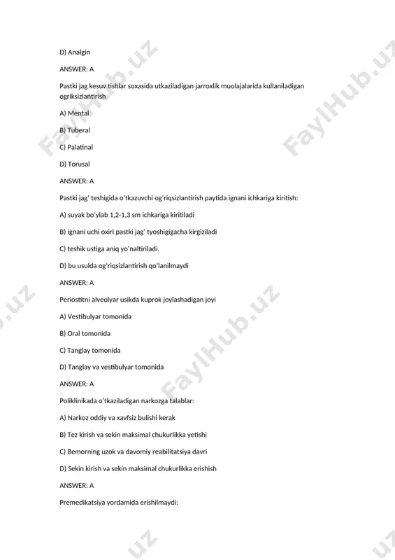 ni kesib olish c) suyakni kirib olish d) sekvestrektomiya answer: a oddiy surunkali periostitni davolash usullari : a) sababchi tishni olish va fizioterapiya b) ossifikatni olish c) suyakni kesib olish d) suyakni kirib olish answer: a pastki jag periostitida markaziy va yen kurak tishlardan rivojlangan periostitda shishadigan soxalar: a) iyak(daxan) b) yukori lab c) lunj d) xamma javob tugri answer: a pastki jag‘da og‘riqsilantirish uchun kaysi o‘tkazuvchi anesteziya qo‘llaniladi a) mandibulyar b) tuberal c) insizival d) infraorbital answer: a periostitni alveolyar usikda kuprok joylashadigan joyi a) vestibulyar tomonida b) oral tomonida c) tanglay tomonida d) oral va vestibulyar tomonida answer: a surunkali suyak xosil kiluvchi periostitning rentgen tasvirida kuzatiladi: a) yosh suyak tukimasi xosil bulganligi b) suyak tukimasining yemrilishi c) suyak tukimasi destruksiyasi d) dumalok shaklli anik chegarali soya answer: a surunkali suyak xosil kiluvchi periostitning rentgen tasvirida kuzatiladi: a) yosh suyak tukimasi xosil bulganligi b) suyak tukimasining yemrilishi c) …