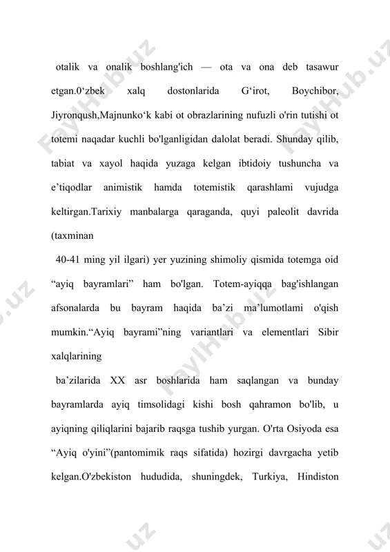 adimiy suratlar va yozuvlar bu haqda guvohlik beradi. tarixiy ma’lumotlarga qaraganda,ibtidoiy odamlar hayotida ovchilik o‘yinlari salmoqli o‘rin tutgan.ba’zi manbalarda o‘yinlar ovdan oldin o‘tkazilishi yozilgan bo‘lsa,boshqalarida ovdan so‘nggi o‘yinlar haqida fikrlar bayon qilingan.agar, bu ma’lumotlarni chuqurroq tahlil qiladigan bo‘lsak, unda ovchilik o'yinlari ovdan oldin ham, undan keyin ham o‘tkazilgan,deyish mumkin. ovdan oldingi o‘yinlar ov oldi mashqlari (ovga tayyorgarlikni tekshirish, ovga ruhiy va jismoniy shaylanish) vazifasini o‘tagan hamda jiddiy o'ziga xos kichik marosim shaklida uyushtirilgan. bu o'yin jarayonida ibtidoiy odamlar o'ljaga yaqinlashishni, so'ngra uni osongina qo'lga tushirishni o‘rganishgan,buning uchun niqob kiyib, hayvon qiyofasiga kirishgan, uning yurish-turishlari, xatti-harakatlari mashq qilingan, ularning tovush chiqarishlari o'rganilgan. aynan ana shunday o‘yinlar jarayonida yoshlarni ham ov qilishga o'rgatishgan. shu bois u o‘ziga xos maktab vazifasini o‘tab, bir tomondan, ovchilik mahoratini o'stirishga yordam bergan bo'lsa, ikkinchi tomondan, ularda taqlid qilinadi. milliy o’yinlar milliy tarbiya. navro‘z shodiyonalarini qishloqda, qir-adirlar bag‘rida kutib olishning zavqi boshqacha. ayniqsa, ushbu ayyomda o‘ynaladigan milliy …
