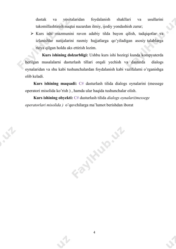 tipini belgilaydi. bunda int integer, yani butun son deganidir. main() ning qaytargan qiymati operatsion sistemaga boradi. { qavs funksiya va boshqa bloklar tanasini boshlaydi. blokni yopish uchun } qavsi ishlatilinadi. console.writeline("……… "); satri c# da ifoda deb ataladi. c# dagi har bir ifoda ;(nuqta-vergul) bilan tugatilishi shart. ortiqcha ; bo'sh ifoda deyiladi. uni qo'yish dastur tezligiga ta'sir qilmaydi. kirish va chiqish (input/output), yani dasturga kerakli ma'lumotlarni kiritish va ular ustida dastur tomonidan bajarilgan amallar natijalarini olish c# da oqim ob'ektlari orqali bajarilishi mumkin. lekin kirish/chiqishni c dagi kabi funksiyalar bilan ham amalga oshirsa bo'ladi. c# falsafasiga ko'ra har bir kirish/chiqish jihozi (ekran, printer, klaviatura...) baytlar oqimi bilan ishlagandek qabul qilinadi. yuqoridagi ifoda bajarilganda bizning " fikrga qarshi fikr, g’oyaga qarshi g’oya, jaholatga qarshi ma’rifat bilan kurashish har qachongidan ko’ra muhim ahamiyat kasb etmoqda. islom karimov " gapimiz standart chiqish oqimi ob'ekti writeline ga (writeline - console out) jo'natiladi. normal sharoitda …