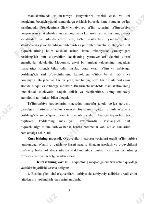 ish respublikamizning milliy - tarixiy va ahloqiy xususiyiyatlaridan kelib chiqqan holda mahsus tadqiq etmagan. shu bois ijtimoiy muhitdan kelib chiqqan xolda pedagogik tadqiqot o'tkazish muammodir. kurs ishining nazariy va amaliy ahamiyati. tadqiqot natijasida o‘quvchilarni tarbiyasida tarbiyaviy tadbirlarni qo’llab-quvvatlash o‘rgatishga oid nazariy-metodik yondashuvlar, qarashlarga ega bo‘ldi. shuningdek, o‘quvchilarni tarbiyasida tarbiyaviy tadbirlar rag’batlantirishni qo’llab-quvvatlashga o‘rgatishning o‘ziga xos shakllari, vositalari, metodlari va texnologiyalari bilan boyitildi. i bob. tarbiyaviy jarayonni va tarbiyaviy tadbirlarni tashkil etishda zamonaviy pedagogik texnologiyalar 1.1. boshlang’ich ta’lim jarayonida tarbiyani shakllantirishning zamonaviy pedagogik uslublaridan foydalanish tarbiya pedagogikadagi asosiy tushunchalardan biri sanaladi. jamiyat va pedagogikaning tarixiy rivoji davomida mazkur kategoriyani tushuntirishga turlicha yondashuvlar yuzaga keldi. eng avvalo, yuqorida keng va tor ma’nodagi tarbiya farqlanadi. tarbiya – muayyan, aniq maqsad va ijtimoiy tajriba asosida yosh avlodni har tomonlama oʻstirish, uning ongi, xulq-atvori, dunyoqarashini tarkib toptirish jarayoni. keng ma’noda tarbiya shaxsga jamiyatning ta’sir etishi, ijtimoiy hodisa sifatida qaraladi. mazkur holatda tarbiya ijtimoiylashtirish bilan uygʻunlashadi. …