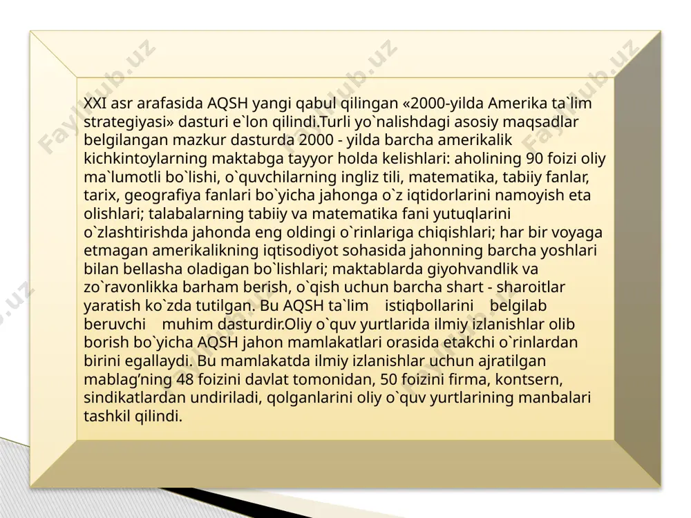 shug’ullanadilar, lekin ularga xech qanday imtiyozlar berilmagan. uch yoshdan 5 yoshgacha xususiy yoki davlat bog’chalaridan foydalanish mumkin, lekin bolalar bog’chalari kichik va bu tizim kam rivojlangan. enaga yollash bir haftada 200 dollarga tushadi. bolalarda yagona bir dastur mavjud emas. kerak bo`luvchi hamma jihozlar va kunlik ovqatni ota-onalarning o`zi olib keladi. 5 yoshdan esa «kinder garde» deb ataluvchi tayyorlov muassasalarida ta`lim boshlanadi. boshlang’ich maktab 6 yoshdan to 13- 15 yoshgacha bo`lgan bolalarni qamrab oladi. bu boshlang’ich maktablarda umumiy savodxonlik va kasbga yo`naltirish vazifalari hal etiladi. sinfdan-sinfga ko`chish o`quvchining o`zlashtirganlik darajasiga boglik. boshlang’ich ta`lim turli shtatlarda turlicha belgilangan. maktablarda turli xil to`garaklar, uchrashuvlar, shovlar va sayohatlar uyushtiriladi, ammo ularning hammasiga haq to`lash lozim. o`rta maktablar quyi va yuqori bosqilardan iborat. 9 - sinfni bitirgan talabalar tanlov asosida o`rta maktabga qabul qilinadi. urta maktablarda to`rt yo`nalishda kasb - kor asoslari berib boriladi. 1 - kasb-xunar ta`limi, 2 - biznes ta`limi, 3 - savdo …