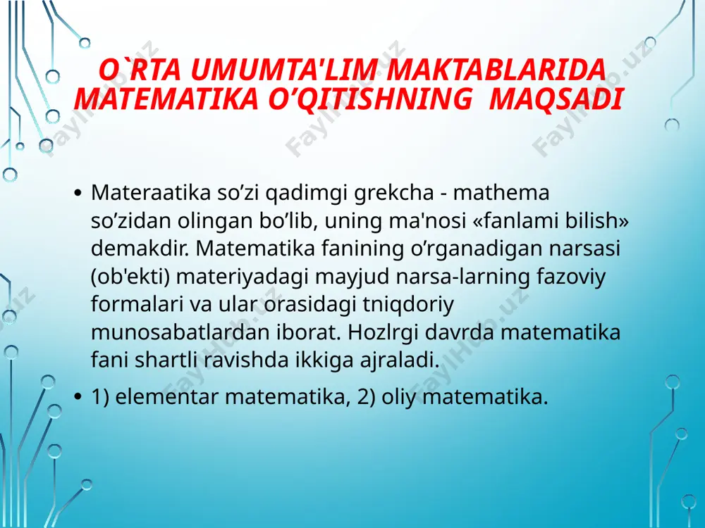 a-batlami tushunishga imkon beradigan hajmda bilimlar berish ko’zda tutiladi. bunday bilimlar berish orqali esa o’quvchilarning fazoviy tasawur qilishlari shakllanadi hamda mantiqiy tafakkur qilishlari yanada rivojlanadi. matematika o’qitish metodikasining boshqa fanlar bilan aloqasi. |bizga ma'lumki, matematika o’qitish metodikasi fani pedago-ii'lti boiimi bo’lib, u matematika fanini o’qitish bilan shug’ullanadi. matematika o’qitish metpdikasi, matematika fanini o’qitish qonuniyatlarini o’rganish jarayonida pedagogika, mantiq, psixologiya, matematika, lingvistika va falsafa fanlari bilan uzviy aloqada bo’ladi. boshqacha aytganda, maktabda matematikao’qitish muammolari mantiq, psixologiya, pedagogika, matematika va falsafa fanlari bilan uzviy bog’liqda hal qilinadi. matematika o’qitish metodikasining metodologik asosi bilish nazariyasiga asoslangandir. matematika metodikasi fani matematik ta'limning maqsadi, mazmuni, formasi, uslubi va uning vositalarini dars jarayoniga tadbiqiy qonuniyatlarini o'rganib keladi. matematika fani fizika. chizmachilik, kimyo va astronomiya fanlari bilan ham uzviy aloqada bo’ladi. matematika fanining bcshqa fanlar bilan uzviy aloqasi quyidagi ikki yo'1 bilan amalga oshiriladi: 1) matematika tizimining butunligini buzmagan holda o’qishni fanlarning dasturlarini moslashtirish. 2) boshqa fanlarda …