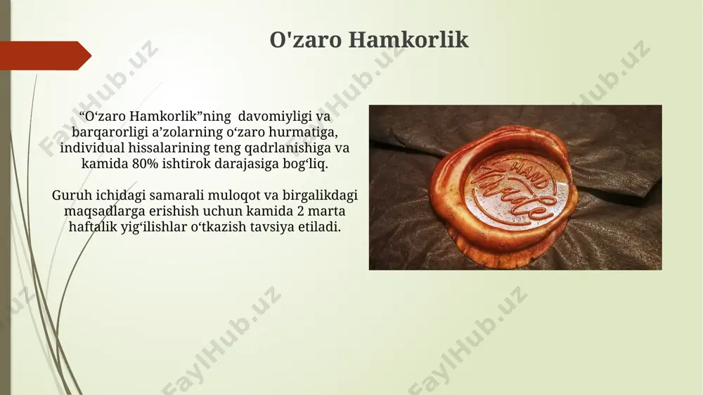 r va ilhomning intensivligi, guruh a'zolari orasidagi kommunikatsiya kanallarining soni va samaradorligiga, ya'ni 2-3 ta asosiy kanal emas, balki 5-6 ta bilan bog'liq. guruhning "umumiy ovozi" yoki "kollektiv ong" ning paydo bo'lishi, individual qobiliyatlarning 1+1>2 prinsipi asosida birlashishi natijasida, ya'ni birlashganda yana ham yuqori natijalarga erishish orqali ro'y beradi. e'tiboringiz uchun rahmat @taqdimot_robot image1.jpg image2.jpg image3.jpg image4.jpg image5.jpg image6.jpg image7.jpg image8.jpg image9.jpg image10.jpg image11.jpg image12.jpg