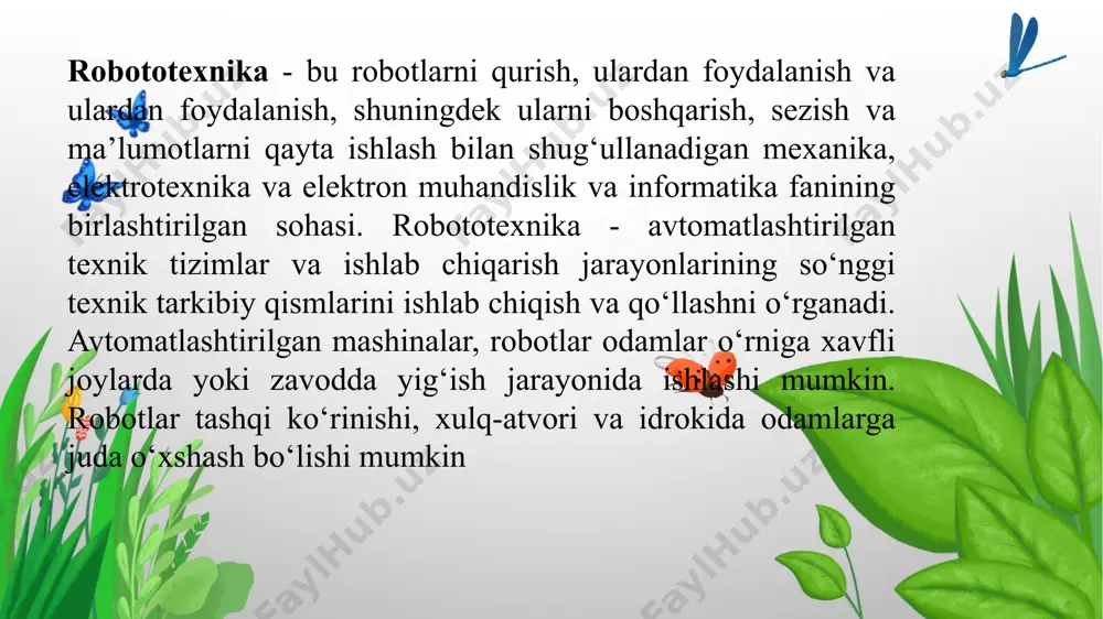 shlab chiqarish dinamikasi: robotlar ishlab chiqarish yiliga o‘rtacha 20-30% ga ortib bordi va 1998-yilda 1 mln. taga yetdi. xx asrning oxirgi o‘n yilida sanoat robotlarining narxi 5 barobarga tushdi, ularning texnik xarakteristikalari esa yaxshilandi. buning natijasida robotlardan foydalanish samaradorligi oshdi. hozirgi vaqtda dunyoda robot ishlab chiqarish bo‘yicha birinchi o‘rinni yaponiya egallagan. bu yerda dunyo robot parkining ko‘p qismi mujassamlangan. keyingi o‘rinlarni aqsh, italiya, fransiya va shvetsiya egallaydi. robotlar parkining ko‘p qismi sanoatda ishlatiladi. shularning yarmisidan ko‘pi murakkab robotlar kerak bo‘lgan asosiy texnologik operatsiyalarni bajaradi. robotlar ishlab chiqarish rivojlanishining texnik progress asosan ularni boshqarish tizimlarini mukammalashtirishga qaratilgan. birinchi sanoat robotlaridagi boshqarish dasturlari raqamli dasturli boshqariladigan stanoklarnikiday edi. bu robotlar birinchi avlod robotlari deb ataldi. ikkinchi avlod robotlar – bu hissiyotga ega robotlar, ya’ni ular sensor sistemalari bilan qurollangan edi. ularning asosiysi – texnik ko‘rish sistemasi edi. birinchi sensorli va mikroprotsessorli boshqariladigan robotlar bozorda 1980-1981 yillarda paydo bo‘lishdi. ular asosan yig‘ish operatsiyalarida, …