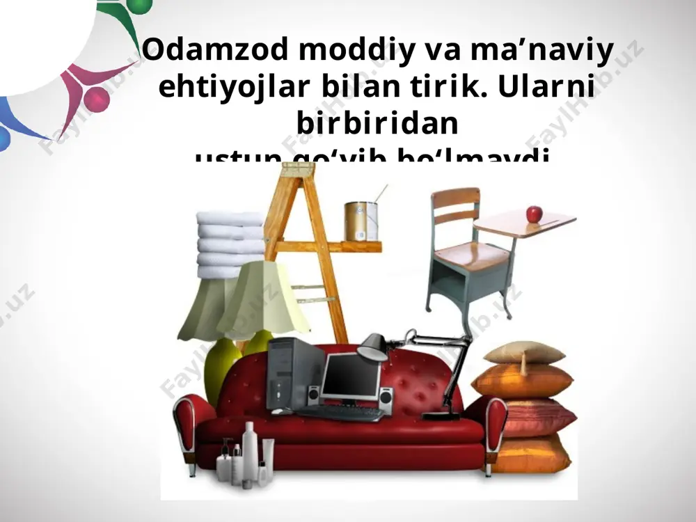 madrasalar qurdirgan navoiy shahridagi alisher navoiy haykali bu oxir-oqibatda ma’naviyatning susayishiga sabab bo‘ladi. oliyjanoblik bo‘lmagan joyda xudbinlik, baxillik, faqat o‘zini o‘ylab yashash kabi salbiy holatlar avj oladi. buyuk ajdodlarimizdan qaysi birining hayotiga nazar solmaylik, barchasining faoliyatida ibratli fazilatlar, ya’ni ma’naviyat asosida yashash bosh mezon bo‘lganini ko‘ramiz. savol va topshiriqlar: 1. ma’naviyat so‘zining ma’nosini tushuntiring. 2. prezidentimiz nimalarni parvoz qilayotgan qushning ikki qanotiga qiyoslash o‘rinli, deb ta’kidlagan? 3. moddiy va ma’naviy ne’matlarni siz qanday tushunasiz? 4. ushbu rasmlardagi lavhalarning qaysi biri moddiy, qaysi biri ma’naviy hayotga tegishli ekanini ayting. 5. alfred nobel kim bo‘lgan? 6. alisher navoiy qanday ezgu ishlarni amalga oshirgan? 7. xalqimizga xos ibratli fazilatlardan qaysilarini bilasiz? image2.png image3.jpeg image4.jpeg image5.jpeg image6.jpeg image7.jpeg image8.jpeg image9.jpeg image10.jpeg image11.jpeg image12.jpeg image13.jpeg image14.emf image15.jpeg image16.jpeg image17.jpeg image1.jpg