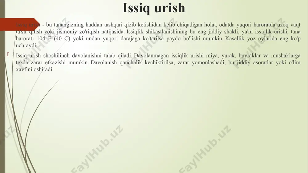metriya va laboratoriya tekshiruvlari asosida tashxislanadi. diagnostikada maxsus usul mavjud emas, davo muolajalari ham kompleks ravishda olib boriladi – tana haroratini tushiruvchi preparatlar, regidratatsion davo, hamda asosiy kasallikni davolash muolajalari oʻtkaziladi. bolalarda gipertermik sindrom – bola hayotiga xavf soluvchi jiddiy holat. koʻpincha 6 yoshgacha boʻlgan bolalarda kuzatiladi, kam hollarda oʻsmirlik yoshidagilarda ham uchraydi. oʻz vaqtida tashxis qoʻyilmasligi va davo muolajalari olib borilmasligi oqibatida oʻlim holati qayd etilishi mumkin. ushbu holatning xavfliligi uning tez rivojlanishidir. bundan tashqari tibbiyot soрasida har doim ham gipertermik sindromga shubha qilinavermaydi va shuning uchun ham sindrom oʻz vaqtida aniqlanmaydi va davo choralari koʻrish kechikadi. gipertermik sindromning bolalarda koʻp kuzatiladigan turi – yomon sifatli gipertermiya holatidir, ushbu holat jarrohlik amaliyotidan soʻng rivojlanadi. pediatriya sohasida 3 yoshgacha boʻlgan bolalarda bu holat alohida atama – ombredan sindromi deb yuritiladi. gipertemik sindrom gipertermik sindrom boshqa har qanday tana harorati koʻtariluvchi holatlar singari organizmning himoya mexanizmi hisoblanadi, koʻpincha infeksion omilga qarshi …