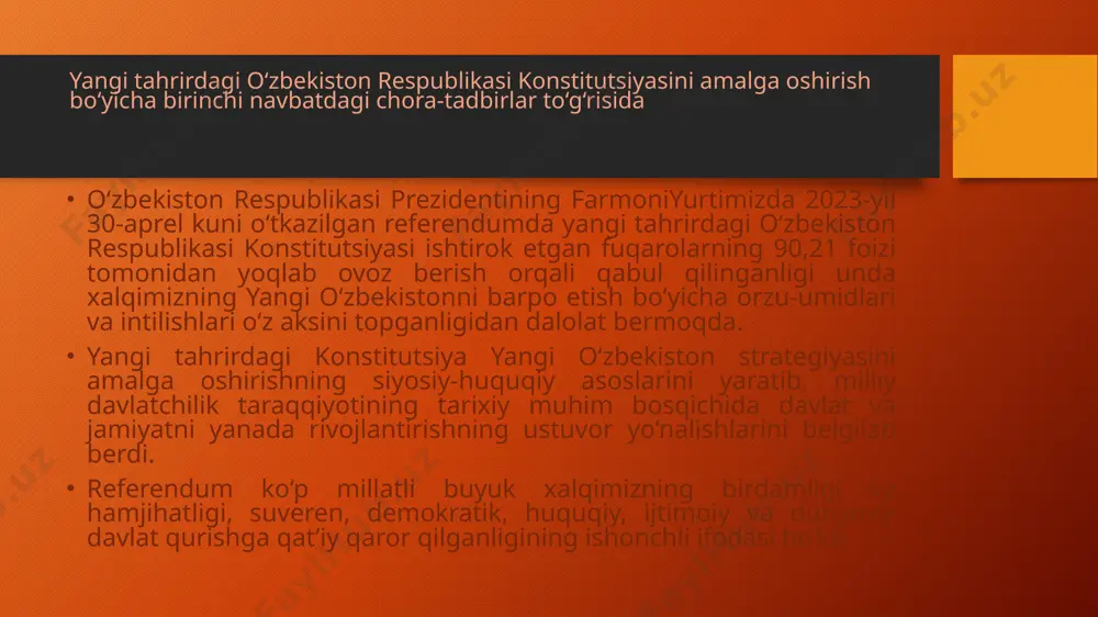 oshirish, unda mustahkamlangan ustuvor prinsiplarni yangi o‘zbekiston ulug‘vor g‘oyasiga hamohang tarzda ro‘yobga chiqarish, davlat organlarining faoliyatini yangicha konstitutsiyaviy-huquqiy sharoitlarda yo‘lga qo‘yish, fuqarolar o‘z hayotida xalq konstitutsiyasi ruhini yaqqol his etib turishini ta’minlash maqsadida: 1. yangi tahrirdagi konstitutsiyani so‘zsiz va to‘liq amalga oshirish barcha darajadagi davlat organlari va tashkilotlarining birinchi navbatdagi ustuvor vazifasi etib belgilansin. 2. belgilab qo‘yilsinki: davlat organlari va tashkilotlarining rahbarlari yangi tahrirdagi konstitutsiyani amalga oshirish bo‘yicha chora-tadbirlar ijrosini o‘z vaqtida ta’minlash uchun shaxsan javobgar hisoblanadi; yangi tahrirdagi konstitutsiya oliy yuridik kuchga ega ekanligidan kelib chiqib, davlat organlari va tashkilotlari, shu jumladan, sud va huquqni muhofaza qiluvchi organlar faoliyatida to‘g‘ridan-to‘g‘ri va so‘zsiz qo‘llaniladi; yangi tahrirdagi konstitutsiya normalarini ularni amalga oshirish uchun boshqa qonunchilik hujjatlarining mavjud emasligi yoki qonunchilikka konstitutsiyaga muvofiq o‘zgartirish va qo‘shimchalar kiritilmaganligi vaji bilan qo‘llashni rad etish qat’iyan taqiqlanadi. 3. yangi tahrirdagi o‘zbekiston respublikasi konstitutsiyasidan kelib chiqadigan vazifalarni amalga oshirish bo‘yicha chora-tadbirlar dasturi (keyingi o‘rinlarda – dastur) …
