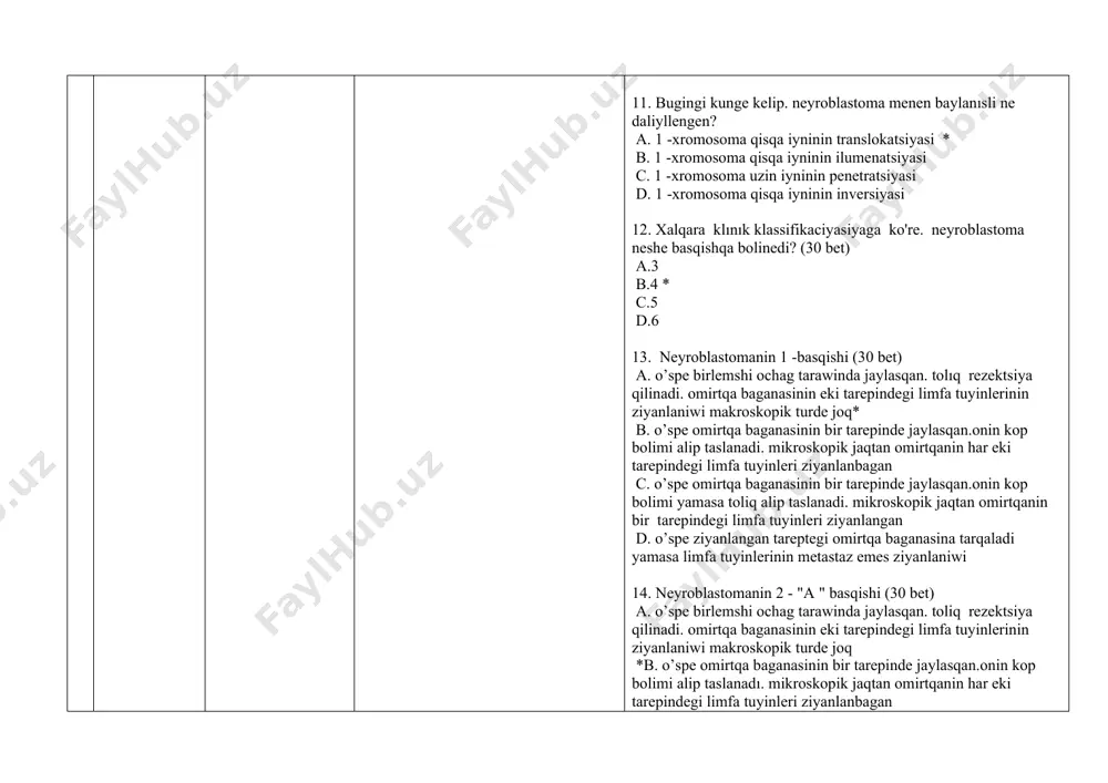 irtqanin bir tarepindegi limfa tuyinleri ziyanlangan d. o’spe ziyanlangan tareptegi omirtqa baganasina tarqaladi yamasa limfa tuyinlerinin metastaz emes ziyanlaniwi 15. neyroblastomanin 2- * b * basqishi (30 bet) a. o’spe birlemshi ochag tarawinda jaylasqan. toliq rezektsiya qilinadi. omirtqa baganasinin eki tarepindegi limfa tuyinlerinin ziyanlaniwi makroskopik turde joq b. o’spe omirtqa baganasinin bir tarepinde jaylasqan.onin kop bolimi alip taslanadi. mikroskopik jaqtan omirtqanin har eki tarepindegi limfa tuyinleri ziyanlanbagan c. o’spe omirtqa baganasinin bir tarepinde jaylasqan.onin kop bolimi yamasa toliq alip taslanadı. mikroskopik jaqtan omirtqanin bir tarepindegi limfa tuyinleri ziyanlangan * d. o’spe ziyanlangan tareptegi omirtqa baganasina tarqaladi yamasa limfa tuyinlerinin metastaz emes ziyanlaniwi 16. neyroblastomanin 3 -basqishi (30 bet) a. o’spe birlemshi ochag tarawinda jaylasqan. toliq rezektsiya qilinadi. omirtqa baganasinin eki tarepindegi limfa tuyinlerinin ziyanlaniwi makroskopik turde joq b. o’spe omirtqa baganasinin bir tarepinde jaylasqan.onin kop bolimi alip taslanadi. mikroskopik jaqtan omirtqanin har eki tarepindegi limfa tuyinleri ziyanlanbagan c. o’spe omirtqa …