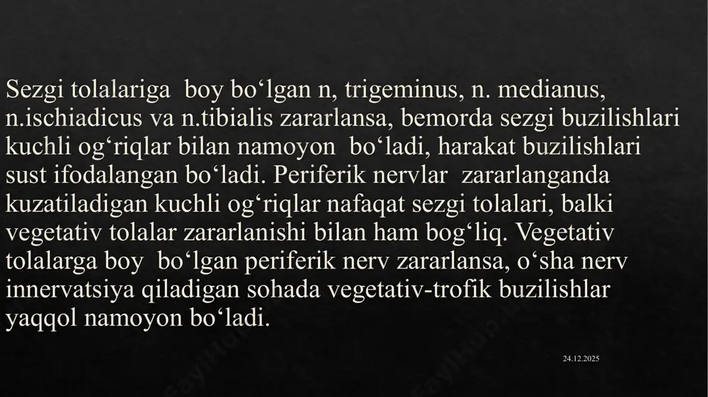 eparatlari yallig'lanishni, og'riqni to'xtatadi; vitaminlar, trofik preparatlar metabolik jarayonlarni yaxshilaydi; antixolinesteraza preparatlari nerv tolalari bo'ylab impulslarning o'tkazilishini tezlashtiradi. 19.05.2023 surunkali vertebrogenik og'riq sindromi mustaqil kasallik emas. u umurtqa pog'onasidagi buzilishlardan kelib chiqqan patologiyalar majmuasini o'z ichiga oladi. turli alomatlar bilan o'zini namoyon qilishi mumkin. 19.05.2023 klasifikatsiya yuzaga kelishiga qarab o'tkir yoki surunkali turlarga bolinadi. o'tkir holatida to'sattan egilish burilish yoki boshqa harakatlarni qilganda kuchli og'riq yuzaga keladi. surunkali holatida esa bir necha xafta yoki oy davomida vaqti vaqti bilan simillovchi og'riq bezovta qilib turadi. 19.05.2023 patologiya o'chog'i qayerda joylashishiga ko'ra: bo'yin qismi ko'krak qismi bel qismi yoki umurtqa kesishgan qismida. 19.05.2023 vertebrogenik og'riq sindromlarining sabablari patologiya umurtqa ildizlarni ma'lum nuqsonlar yoki shakllanishlar (churrasimon disklar, to'qimalarning shishishi, neoplazmalar va boshqalar) bilan siqib chiqarishda (siqilishda) paydo bo'lishi mumkin; yallig'lanish jarayoni yoki umurtqa ildizlarning shishishi bilan; og'riq retseptorlarining tirnash xususiyati yoki uzoq muddatli mushaklarning kuchlanishi bilan. 19.05.2023 noqulaylikning asosiy sabablari ham quyidagilarni o'z …
