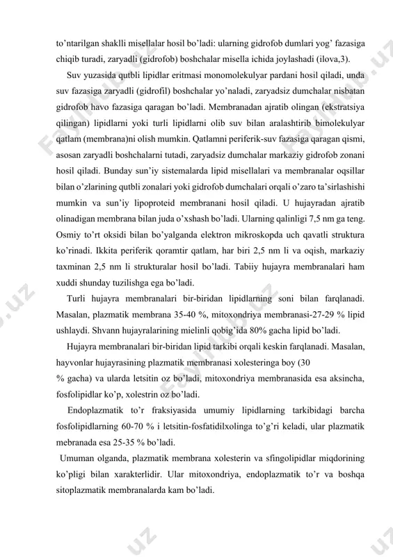 ni o’zgartirishi) mumkin,ammo bir qavatdan ikkinchisiga o’tib ketishi juda kam holda uchrashi mumkin. membrana oqsillari xuddi shunday oquvchi lipid qatlam bilan bog’liq. hujayra membranasida oqsillarning miqdori har xil. mitoxondriyalarda, boshqa membranalardagiga nisbatan oqsillar juda ko’p. oqsil molekulalarining xillari jihatidan membranalar turlicha bo’ladi. ularning bir qismi ion bog’ orqali lipidlarning boshchalari bilan bog’lanadi va tuz eritmalarida oson ajratiladi. boshqalari lipidlarning qutbli qismlari orqali bog’lanadi. oson ajraladigan oqsillar ko’proq membrananing sitoplazma tomoniga qaragan qismlarida joylashadi, ularni membrananing periferik oqsillari deyiladi. plazmatik membranada bu oqsillar kortikal qatlam oqsil strukturalari bilan yaqindan bog’langan bo’ladi. oqsillarning ko’p qismi membrana tarkibida lipidlar bilan gidrofob bog’lar orqali ta’sirlashadi. shu narsa aniqlandiki, ko’pchilik membrana oqsillari ikki qismdan tashkil bo’lar ekan. birinchisi-qutbli aminokislotalarni ko’p tutgan va ikkinchisi-qutblanmagan aminokislotalarni ko’p tutgan qismlar. bunday oqsillar membrananing lipidli qatlamida shunday joylashadiki, ularning qutblanmagan qismlari membrananing lipidlarini gidrofob qismi turgan yog’li qismiga botganday ko’rinadi. bunday oqsillarning qutblangan qismlari lipidlarning bosh qismi bilan ta’sirlashadi …