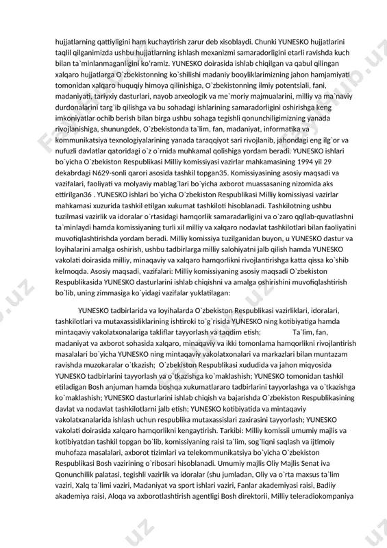fan, madaniyat va axborot sohasidagi vazirliklar va idoralardan 49 kishi a`zo bo`ldi. yunesko markaziy osiyo taraqqiyotini o`rganish, tiklash va ommalashtirishga katta ahamiyat bermoqda. "ipak yo`li - muloqot yo`li" deb nomlangan yirik tadqiqotda markaziy osiyoga birinchi darajali ahamiyat berildi32 . 1995 yil iyul` oyida yunesko qaroriga binoan samarqandda markaziy osiyo tadqiqotlari xalqaro instituti tashkil etildi. yunesko bosh direktori federiko mayorning o`zbekistondagi rasmiy tashrifi chog`ida 1995 yil iyul` oyida mazkur institut ochildi. yunesko bobomiz amir temur tavalludining 660 yilligini xalqaro miqyosda nishonlashga qaror qildi va 1996 yil oktyabr`da parijda amir temurga bag`ishlangan bir haftalik xalqaro anjuman bo`lib o`tdi. amir temur tavallud topgan shahrisabz shahri yuneskoning madaniy qadriyatlar ro`yxatiga kiritildi. 1997 yilda jahon madaniyatning durdonalaridan hisoblangan buxoro va xiva shaharlarining 2500 yillik muborak sanalari parijda keng nishonlandi, xalqaro anjuman va ko`rgazmalar o`tkazildi. bu o`zbekiston bilan bmtning nufuzli xalqaro tashkiloti yunesko o`rtasidagi hamkorlikning yana bir yorqin ifodasi bo`ldi. 1997 yil 19-20 oktyabr` kunlari vatanimizda …
