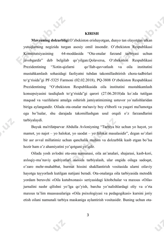 adriyatlari asosida tarbiyalash, ular ongida oilaga sadoqat, o’zaro mehr-muhabbat, hurmat hissini shakllantirish vositasida ularni oilaviy hayotga tayyorlash kutilgan natijani beradi. ota-onalarga oila tarbiyasida metodik yordam beruvchi «oila kutubxonasi» seriyasidagi kitobchalar va maxsus «oila» jurnalini nashr qilishni yo’lga qo’yish, barcha yo’nalishlardagi oliy va o’rta maxsus ta’lim muassasalariga «oila psixologiyasi va pedagogikasi» kursini joriy etish oilani namunali tarbiya maskaniga aylantirish vositasidir. buning uchun ota-onalarni tarbiya jarayoniga tayyorlash maqsadida ota-onalar universitetlari ishini tiklash va takomillashtirish, umumta’lim maktablari, oliy va o’rta maxsus ta’lim mazmuniga «yoshlarni oilaviy hayotga tayyorlash» kursini kiritish va amalda qo’llash lozim. oila pedagogikasi quyidagi fanlar bilan aloqada o‘sib-ulg‘aymoqda: oila pedagogikasi fani: falsafa, sotsiologiya, iqtisodiyot, anatomiya – fiziologiya, psixologiya–pedagogika, ijtimoiy pedagogika, maxsus pedagogika, pedagogika tarixi, pedagogik mahorat kabilar. insonning ma’naviy va aqliy xislatlarini, asosan, uning olgan tarbiyasi, yashagan muhiti belgilaydi. agar, yaxshi tarbiya insonning eng qimmatli boyligi bo‘lsa, noto‘g‘ri tarbiya uning uchun chinakamiga baxtsizlikka, hatto, halokatga aylanishini uqtirgan. shuning uchun maktab tarbiyasi …