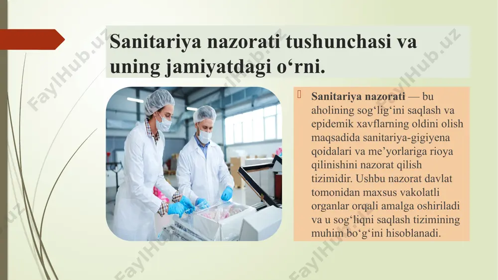 , o‘qish, mehnat qilish va dam olish uchun qulay sharoitlarga ega bo‘lgan atrof-muhitdir. bu muhit inson organizmiga zararli ta’sir ko‘rsatmaydi, balki salomatlikni mustahkamlashga xizmat qiladi. sog‘lom yashash tarzi — bu inson organizmining jismoniy va ruhiy holatini yaxshi saqlashga qaratilgan hayotiy odatlar, sharoitlar va faoliyatlar yig‘indisidir. uni ta’minlash esa nafaqat shaxsiy intizom, balki davlat, jamiyat va oilaning birgalikdagi harakatini talab qiladi. gigiyena talablariga javob beradigan muhit yaratish — har bir shaxs, tashkilot va davlat organining asosiy vazifalaridan biridir. bu orqali sog‘lom jamiyat shakllanadi, kasalliklar kamayadi va fuqarolar hayoti sifatli bo‘ladi. sanitariya qoidalariga rioya qilinmagan holatlardagi javobgarlik sanitariya-gigiyena qoidalari davlat tomonidan belgilangan majburiy talablar bo‘lib, ularga amal qilmaslik sog‘liq uchun xavf tug‘diradi. shu sababli, sanitariya qoidalarini buzgan shaxslarga nisbatan qonunchilikda turli javobgarlik turlari belgilangan. sanitariya qonunlarini buzganlik uchun javobgarlik mulkchilikning shakllaridan qat’i nazar, korxonalar, muassasalar, tashkilotlar, birlashmalar, mansabdor va boshqa shaxslar quyidagi hollarda o‘zbekiston respublikasining qonunlariga muvofiq intizomiy va ma’muriy javobgarlikka tortiladilar: …