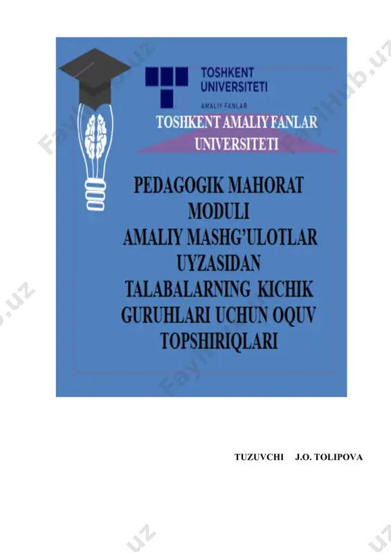 lari 13. o‘qituvchining pedagogik qobiliyatini rivojlantirish yollari. 14. o‘qituvchining kommunikativ qobiliyati va uni rivojlantirish yo‘llari 15. pedagogik qobiliyatning asosiy sifatlari va xususiyatlari 16. o‘qituvchi kasbiy faoliyatida muloqot madaniyatining shakllanishi amaliy mashg‘ulotlarda talabalar kichik guruhlarda ishlashlari loyihalangan. siz kichik guruhdagi hamkorlaringiz bilan jamoa bo‘lib topshiriqlarni to‘liq bajarib, o‘z-o‘zingizni baholash orqali muayyan ballarni to‘plash imkoniyati shakllantirildi. amaliy mashg‘ulotlarda hamkorlikda kichik guruhlarda ishlash jarayoni orqali siz tomondan pedagogik bilim, ko‘nikma, malaka, kompetensiyalarni o‘zlashtirish, mustaqil, tahliliy, tanqidiy va ijodiy fikr yuritish ko‘nikmalaringizni rivojlantirish va muloqot madaniyatingizni orttirish maqsadida pedagogik mahoratning yuqori darajasini egallashingizga zamin yaratildi. omad bardavom bo‘lsin! yangi o‘zbekistonning yangi avlod o‘qituvchilariga qo‘yiladigan talablar yangi avlod o‘qituvchisi – ta’lim-tarbiya jarayonini zamon talablari asosida tashkil etadigan, innovatsion va axborot texnologiyalardan o‘qitish maqsadlariga muvofiq foydalanadigan, intellektual shaxs sifatida ijodiy yondashuvga ega, o‘quvchilarni mustaqil, tahliliy-tanqidiy, ijodiy fikrlashga o‘rgatish orqali barkamollik va inson kapitaliga yo‘naltiradigan pedagogdir. 3-renesans talablari asosida o‘qituvchining pedagogik mahoratiga kiritiladigan o‘zgartirishlar va yangiliklar 3-renesans …