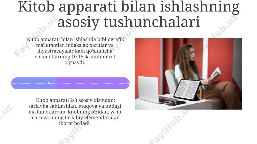 b apparatidan – sarlavha, muallif, nashriyot ma'lumotlari va isbn kabi 8 ta asosiy elementlardan foydalanib, manbaning ishonchliligini tekshirish mumkin. kitob apparati vositalaridan, masalan, lug'at, indeks va izohlar kabi 5 dan ortiq qo'shimcha manbalarni samarali o'rganish matnni chuqurroq tushunishga yordam beradi. axborot madaniyati va kitob apparati axborot qidiruv tizimlari va elektron kataloglar "axborot madaniyati va kitob apparati" doirasida muhim ahamiyatga ega bo‘lib, foydalanuvchilarga 5 million dan ortiq hujjatlarga tezkor va samarali kirish imkonini beradi. “axborot madaniyati va kitob apparati” kitoblarni klassifikatsiya qilish tizimlari (masalan, udk, lcc) va ularning kataloglashtirishdagi roli, taxminan 100 000 dan ortiq kitobni qamrab oluvchi katta kutubxonalarda qo‘llanilishini aks ettiradi. ilmiy-tadqiqot ishlarida kitob apparatidan foydalanish adabiyotlar ro'yxati va bibliografiya ko'rsatkichlarining to'g'ri tuzilishi va 20 dan ortiq manba bilan ishlash ilmiy ishlarning haqiqiyligi va ishonchliligini ta'minlaydi. kitob apparatining turli elementlari (masalan, lug'atlar, izohli lug'atlar, entsiklopediyalar) ilmiy matnlarni chuqurroq tushunish va 5 dan ortiq yangi manbalarni topish imkonini beradi. e'tiboringiz …