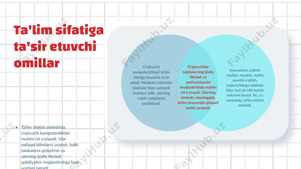 ‘quvchilar bilan samarali muloqot qilish o‘qituvchining malakasini namoyish etadi. o‘qituvchi kompetentliklari misol uchun, interaktiv darslar o‘qituvchilarning kreativ yondashuvlarini ko‘rsatib, o‘quvchilarni faol ishtirok etishga undaydi. bu usul o‘quvchilarning qiziqishini oshiradi va ta'lim jarayonini yanada samarali qiladi. muvaffaqiyatli qo‘llanish holatlari o‘qituvchilar uchun professional rivojlanish dasturlari, yangi pedagogik texnologiyalarni o‘zlashtirish va tajriba almashish ta'lim sifatini oshirishga yordam beradi. ta'lim sifatini oshirish strategiyalari kreativ pedagogikaning afzalliklari kreativ pedagogika ta'lim sifatini oshirishda muhim rol o'ynaydi. o'qituvchilar kreativ yondashuvlar orqali ta'lim jarayonini yanada samarali va qiziqarli qilishlari mumkin, bu esa o'quvchilarning bilim olishdan yanada ko'proq manfaatdor bo'lishiga yordam beradi. kreativ yondashuvlar ijodkorlikni rivojlantiradi. o'qituvchilar o'z darslarida ijodiy vazifalar va loyiha ishlarini qo'llash orqali o'quvchilarning ijodiy tafakkurini rag'batlantirishi mumkin. o'quvchilarning motivatsiyasi kreativ pedagogika o'quvchilarning motivatsiyasini oshirishda muhim rol o'ynaydi. o'z fikrlarini erkin ifoda etish imkoniyatlari ularning o'qishga bo'lgan qiziqishini kuchaytiradi. kreativ pedagogika o'quvchilarning motivatsiyasini oshiradi, chunki bu usul o'quv jarayonini qiziqarli va interaktiv qiladi. o'quvchilar o'z fikrlarini …