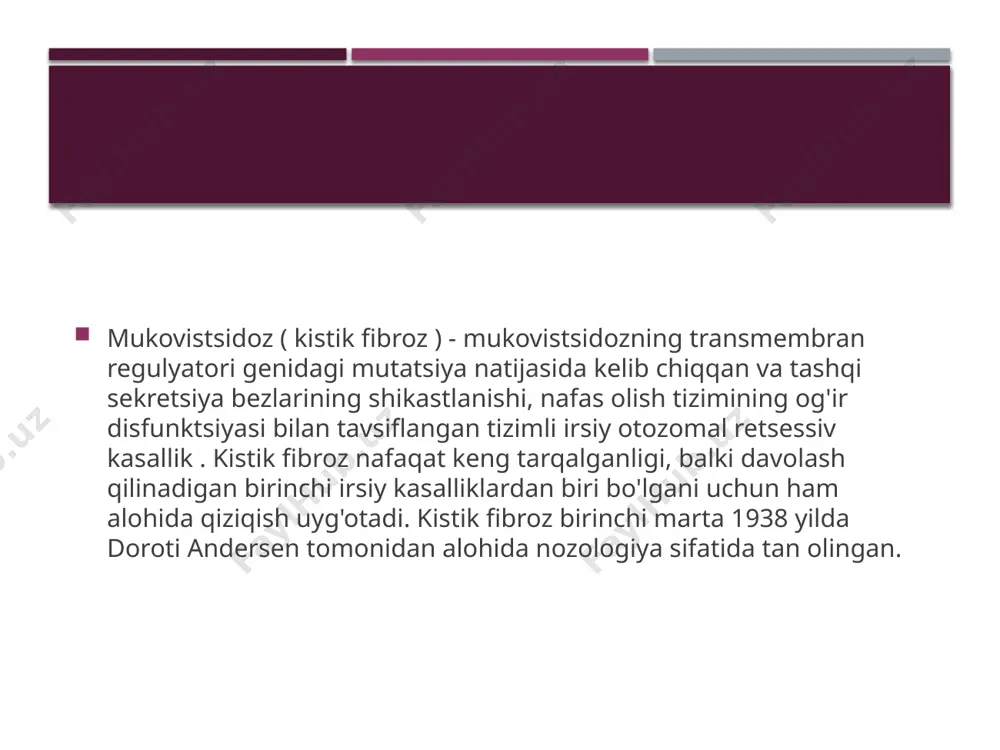 qozon-ichak trakti va nafas olish organlarining bir vaqtning o'zida shikastlanishi bilan aralash shakl;meconium ileus ;atipik va o'chirilgan shakllar ( shish - anemiya , siroz va boshqalar). diagnostikatahrirlash kistik fibrozning tashxisi bemorning klinik va laboratoriya tekshiruvi ma'lumotlari bilan belgilanadi. mukovistsidozni erta tashxislash maqsadida yangi tug'ilgan chaqaloqlarni irsiy va tug'ma kasalliklarga tekshirish dasturiga kiritilgan . quruq qon joyida immunoreaktiv tripsin darajasini tekshiring . natija ijobiy bo'lsa, test hayotning 21-28 kunida takrorlanadi. takroriy ijobiy natija bilan ter testi buyuriladi . kasallik tashxisini qo'yish uchun to'rtta asosiy mezon mavjud bo'lishi kerak: surunkali bronxopulmoner jarayon va ichak sindromi, birodarlar mukovistsidozining holatlari , ijobiy ter testi natijalari. tadqiqot uchun ter pilokarpin bilan elektroforezdan so'ng yig'iladi . ishonchli natijaga erishish uchun zarur bo'lgan minimal ter miqdori 100 mg. namunadagi natriy va xlor o'rtasidagi farq 20 mmoldan oshmasligi kerak/ l, aks holda o'rganish takrorlanadi. yaxshi tashkil etilgan texnika bilan ionlardan birini aniqlashga ruxsat beriladi. sog'lom bolalarda terdagi natriy …