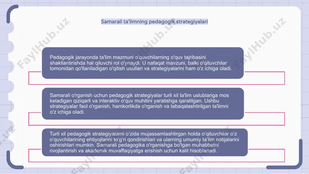 sh uslublarini baholash orqali tabaqalashtirilgan ta’limni amalga oshirishlari mumkin. ushbu yondashuv barcha talabalar rivojlanishi mumkin bo'lgan yanada inklyuziv va qiziqarli ta'lim muhitini yaratishga yordam beradi. moslashuvchan guruhlash, bosqichli topshiriqlar va tanlov taxtasi kabi turli strategiyalarni o'rganish orqali o'qituvchilar o'quvchilarga o'zlarining individual darajalarida samarali erishishlari va ularga qarshi kurashishlari mumkin. bu ta'lim tizimidagi tushunchalarni chuqurroq tushunish va o'zlashtirishga yordam beradi. talabalarning ta'lim uslublarini tushunish pedagogik jarayonda o'quvchilarning o'rganish uslublarini tushunish juda muhimdir. turli talabalar ma'lumotni o'zlashtirish va qayta ishlashning turli usullariga ega. ushbu ta'lim uslublarini tan olgan holda, o'qituvchilar o'z o'qitish usullarini har bir talabaning ehtiyojlariga ko'proq moslashtirishi mumkin, bu esa yanada samarali ta'lim muhitini ta'minlaydi. talaba vizual, eshitish yoki kinestetik o'quvchi bo'ladimi, bu imtiyozlarga moslashish o'rgatilayotgan materialni tushunish va eslab qolishni kuchaytirishi mumkin. ta'lim mazmunining evolyutsiyasi ta'lim mazmuni pedagogik jarayonda hal qiluvchi o'rin tutadi, o'quvchilar egallaydigan bilim va ko'nikmalarni shakllantiradi. ta'lim vaqt o'tishi bilan rivojlanib borar ekan, maktablarda o'qitiladigan mazmun …