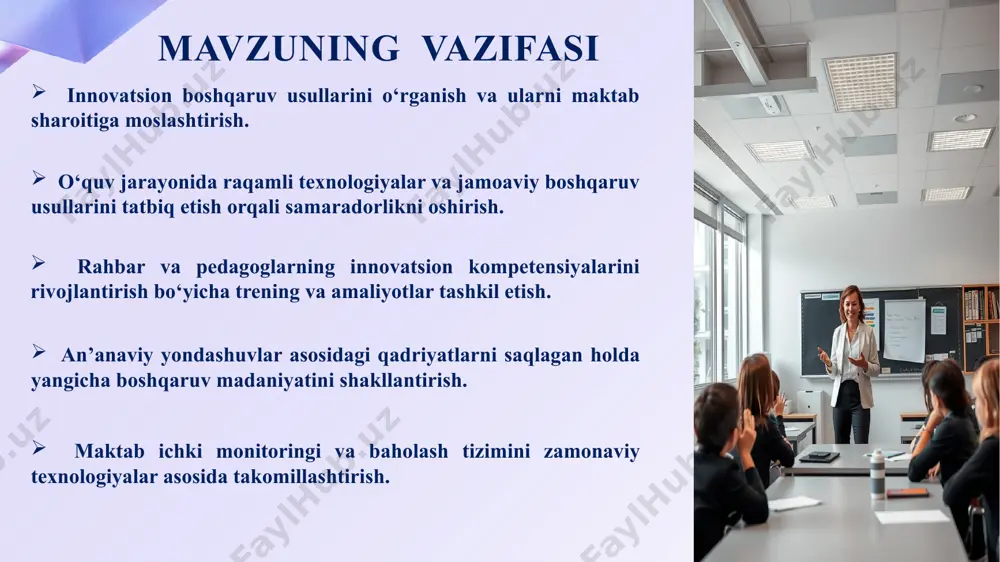 kratik ishtirok etish imkoniyatlari yetarli emasligi takliflar chora-tadbirlar rejasi t/r muammo amalga oshirish mexanizmi mas’ullar muddati natija 1 maktab boshqaruvida innovatsion yondashuvlar yetarli darajada qo‘llanilmasligi 1. innovatsion boshqaruv kompetensiyalarini aniqlash bo‘yicha ichki monitoring tashkil etish. 2. aniqlangan ehtiyojlar asosida rahbar va o‘qituvchilar uchun innovatsion menejment bo‘yicha malaka oshirish seminarlarini tashkil etish. direktor, metod birlashma rahbarlari, akt mutaxassisi 2025-yil sentabr - oktabr boshqaruvda innovatsion yondashuvlar ko‘lamining kengayishi, menejerlik madaniyatining shakllanishi paydo boʻladi. 2 an’anaviy boshqaruv tamoyillari zamonaviy sharoitda yetarlicha uyg‘unlashtirilmaganligi 1. maktabda ustoz-shogirdlik, pedagogik maslahat, ota-onalar bilan milliy qadriyatlarga asoslangan hamkorlik modellarini takomillashtirish. 2. bularni raqamli vositalar (video-arxiv, onlayn maslahatlar, elektron ota-ona yarmarkasi) orqali qo‘llab-quvvatlash. o‘ibdo‘, mmibdoʻ, akt mutaxassisi har chorakda qadriyatga asoslangan boshqaruvni saqlagan holda zamonaviy talablar bilan uyg‘un tizim vujudga keladi. 3 qaror qabul qilish jarayonida demokratik ishtirok etish imkoniyatlari yetarli emasligi 1. o‘quvchi, o‘qituvchi va ota-onalardan iborat maslahat kengashlarini tuzish. 2. qarorlar muhokamasini onlayn va an’anaviy yig‘ilishlar orqali …