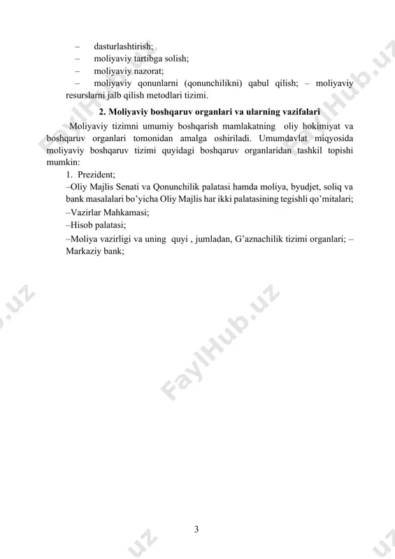 monand ravishda uning asosiy metodologik prinsiplari quyidagilardan iborat: · pirovard maqsadga bog’liqlik; · xo’jalik barcha tarmoqlarining makroiqtisodiy muvo-zanatliligi; · jamiyat barcha a’zolarining manfaatlariga mos kelish; · iqtisodiy qonunlardan foydalanish; · real imkoniyatlar asosida ichki va tashqi iqtisodiy sharoitlarni hisobga olish. moliyaviy boshqaruvning konkret metodlari va shakllari quyidagilardan iborat bo’lishi mumkin: · moliyaviy rejalashtirish; · bashoratlash (prognozlashtirish); · dasturlashtirish; · moliyaviy tartibga solish; · moliyaviy nazorat; · moliyaviy qonunlarni (qonunchilikni) qabul qilish; – moliyaviy resurslarni jalb qilish metodlari tizimi. 2. moliyaviy boshqaruv organlari va ularning vazifalari moliyaviy tizimni umumiy boshqarish mamlakatning oliy hokimiyat va boshqaruv organlari tomonidan amalga oshiriladi. umumdavlat miqyosida moliyaviy boshqaruv tizimi quyidagi boshqaruv organlaridan tashkil topishi mumkin: 1. prezident; · oliy majlis senati va qonunchilik palatasi hamda moliya, byudjet, soliq va bank masalalari bo’yicha oliy majlis har ikki palatasining tegishli qo’mitalari; · vazirlar mahkamasi; · hisob palatasi; · moliya vazirligi va uning quyi , jumladan, g’aznachilik tizimi organlari; …