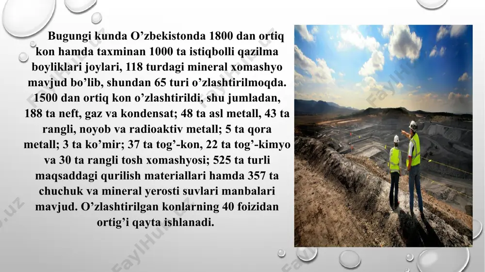 a konchilarga oltin bilan pul to’lashadi. 30 kun davomida konchilar mutlaqo bepul ishlashadi. faqatgina 31-kun ularga xohlashganicha yelkalarida oltin olib ketishga ruxsat beriladi. janubiy afrika respublikasida dunyo oltinning uchdan ikki qismi kavlab olinadi. oltin zaxiralari bo‘yicha o‘zbekiston dunyodagi 17-o‘rinni egallaydi. dunyo bo'yicha umumiy neft zahiralari 1 726 milliard barrelni tashkil etadi. yer yuzidagi aholi esa har kuni 95 million barrel neft ishlatadi. agar neftni shu darajada ishlatishda davom etsak zahiralar 52 yilda tugaydi. har 60 soniyada insoniyat tomonidan 55 ming barrel neft yoqilg‘i va boshqa narsalar uchun ishlatilar ekan. eng qimmat yoqilg'i turkiyada. uning 1 litri 3$. sababi davlat tomonidan neft mahsulotlari uchun qo'yilgan har xil soliqlarda. yoqilg'i narxining 67% i soliqlar hisobiga to'g'ri keladi. . qashqadaryo viloyatining foydali qazilma boyliklari va resurslari 61 turdagi foydali qazilma boyliklarining zaxiralari mavjud bo’lib, ular quyidagilardan iborat: - marganes – 813,4 ming tonna; - kvarsit – 1735,4 ming m3; - chinni toshi – …