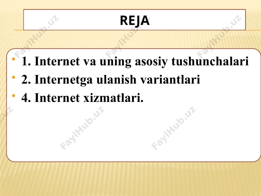 ni bitta aloqa kanali orqali internet xizmatidan foydalanishni tashkil etish xizmati internet provayderlar mijozlarga quyidagi xizmatlarini taqdim etadi internet resurslaridan foydalanish; (www) elektron pochta xizmati; shaxsiy veb-saytlarni internetga joylashtirish; internet orqali konferensiyalar tashkil etish; internet qidiruv tizimlaridan foydalanish. www xizmati www internet resurslarini tashkil etish www – world wide web – butun dunyo o’rgamchak to’ri hisoblanib, internet resurslarini tashkil etish va undan foydalanishni ta’minlab beradi. world wide web – elektron ssilkalar bilan bog’langan global gipermatnli hujjatlar sistemasi hisoblanadi. www - ma’lumot saqlovchi kompyuterlarning geografik joylashuvidan qat’iy nazar, gipersilka yordamida bir hujjatdan keyingi hujjatga o’tish imkoniyatini beradi. elektron pochta xizmati elektron pochta (e-mail - electronic mail) oddiy pochta kabi vazifani bajaradi. u bir manzildan ikkinchisiga ma'lumotlarni jo'natilishini ta'minlaydi. uning asosiy afzalligi, vaqtga bog’liq emasligida. elektron xatlar jo'natilgan zahotiyoq manzilga boradi va egasi olgunga qadar uning pochta qutisida saqlanadi. matnli xat, grafikli va tovushli fayllarni, dastur fayllarini o'z ichiga olishi mumkin. shaxsiy …