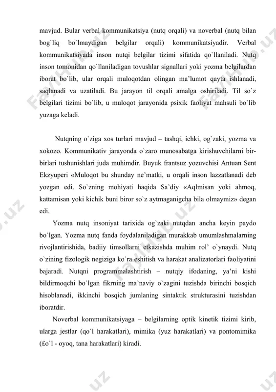 digan harakatldar tizimidir. tadqiqotlar shuni ko`rsatadiki, kundalik muloqot jarayonida so`zlar 7 % ni, tovush va intonatsiya 38 % ni, nutqsiz muloqot esa 55 % ni tashkil etadi. noverbal kommunikatsiyaning paralingvistik va ekstralingvistik belgilar tizimi ham mavjud. bular lokalizatsiya tizimi bo`lib, u ovoz sifatida uning deapozani nutqdagi pauzalar, yo`tal, yig`i, kulgu nutq tempida namoyon bo`ladi. muloqotning maqsadga ko`ra 8 ta funktsiyasi mavjud: (l.a.korpenko) 1. kontakt. 2. aloqa o`rnatish. 3. undovchilik. 4. koordinatsion. 5. tushunish. 6. amotiv (hissiy aloqa) hissiyotni o`zgartirish. 7. munosobat o`rnatish o`z o`rnini anglash) 8. ta’sir o`tkazish. pedagogik munosobat deganda pedagog va o`quvchilar kollektivi o`rtasida o`zaro birgalikdagi harakatining mazmunan axborot ayirboshlashdan, o`quv tarbiyaviy ta’sir ko`rsatish va o`zaro hamjihatlikni tashkil etishdan iborat sistemasi usullari va malakalari tushuniladi. tayanca tushuncha. 1. muloqot - ikki yoki ko`proq kishilarning bir - biriga ta’sir etishning axborot almashishi. 2. muloqot - haet kechirishning bir shakli. 3. nutqsiz kommunikatsiya vositalari - qo`l, barmoq, imo - ishora …