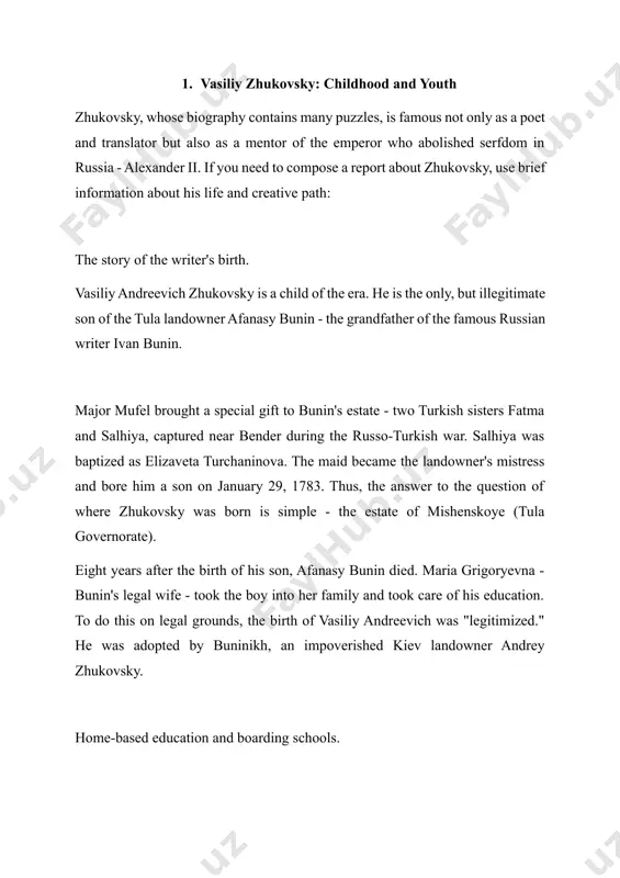 ral periods in the development of his writing talent: translations and early authorial works. for some time, zhukovsky, whose creative work concerned him more than the accounting in the salt chamber, sought paths to literature. he began with translations highly valued by publishers: he translated the novels of cocebo, cervantes, and chateaubriand. the young official participated in the meetings of the literary society, but state service prevented him from realizing himself as a writer. therefore, contrary to the advice of his mother and friends, zhukovsky resigned and in 1802 moved to moscow to engage in creative work. he is interested in german elegiac poetry. zhukovsky begins with translations, soon copying german romantics and seeking his own style in melancholic lyrics. the romantic search for his own style lasted from 1808 to 1812, which was embodied in the ballads "ludmila" and "svetlana" - the reverse of burger's "lenora," "eol arfe." zhukovsky …