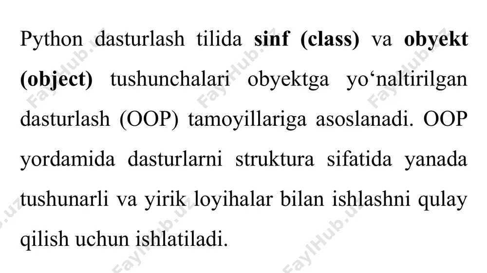 : transport_turi = "yer usti" def __init__(self, model, rang): # obyektga xos atributlar self.model = model self.rang = rang # obyekt yaratish avto1 = avtomobil("nexia", "oq") avto2 = avtomobil("malibu", "qora") # obyekt atributlariga murojaat print(avto1.model) # natija: nexia print(avto2.rang) # natija: qora sinf metodlari sinf metodlari sinfdagi funksiyalar bo‘lib, ular obyektlar bilan ishlashda qo‘llaniladi. metodning birinchi argumenti odatda self bo‘ladi. bu obyektning o‘ziga murojaat qilish imkonini beradi. class avtomobil: transport_turi = "yer usti" def __init__(self, model, rang): self.model = model self.rang = rang # sinf metodi def malumot(self): return f"{self.model} - {self.rang}" # obyekt yaratish va metodni chaqirish avto1 = avtomobil("nexia", "oq") print(avto1.malumot()) # natija: nexia - oq sinf metodlari va obyekt metodlari farqi sinf metodlari sinfning o‘zi bilan ishlash uchun ishlatiladi va @classmethod dekoratori bilan belgilanadi. bu metodlarning birinchi argumenti cls bo‘lib, bu sinfning o‘zini ifodalaydi. sinf metodlari sinfga tegishli atributlarga kirishadi. class avtomobil: transport_turi = "yer usti" def …