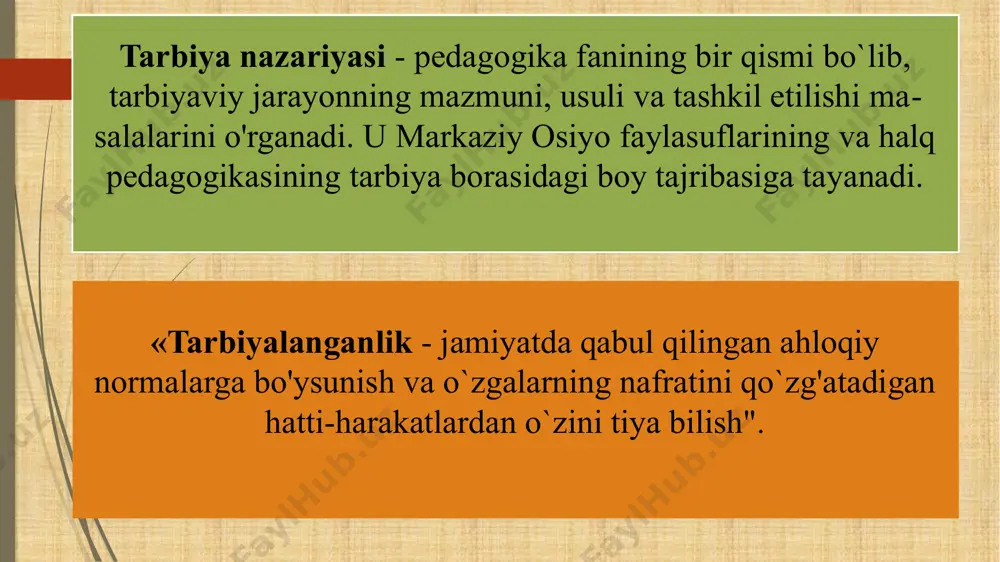 ishchanlik, tadbirkorlik, ishbilarmonlik, aqliy ish, jismoniy mehnat, foyda, maosh. jismoniy tarbiya: chiniqish, sport, o`yinlar, sog'lom tan. charchaganda dam olishni o’rgan, vos kechishni emas etsetik tarbiya: go`zallik, kiyinish, tozalik, yurish turish, saranjom-sarishtalik. ekologik tarbiya: tabiat, atrof-muhit, o'simlik va hayvonot dunyosiga ongli munosabat. iqtisodiy tarbiya: tejamkorlik, bozor iqtisodiyoti, sarf, isrof; foyda, mulk, mulkka egalik. tarbiya turlari munozara uchun savol 1. masalani yeching: ota o`z o’glining yetuklik shaxodatnomasini olishi va 16 yoshga to'lishi munosabati bilan ziyofat berdi. o'g'lini bugungi baxtli kuni bilan tabriklab unga qadah uzatdi. oila a'zolari bu voqeaga quyidagicha munosabat bildirishdi: dadasi: «o`g`lim muborak yoshing bilan tabriklayman, shu munosabat bilan bir qadah ko`taraylik!». buvisi: «jon bolam, spirtli ichimliklarga o'g'lingni o'rgata ko`rma, ichkilikbozlikning ohiri voy bo`lishi mumkin». bobosi: «...mayli, otangning so`zi yerda qolmasin». oyisi: «...o`g`lim, otang senga qadahni spirtli ichimliklarning qanchalik zararli ekanligini bilishing yoki bilmasligingni sinab ko`rish uchun uzatdi». savol: siz oila a'zolarining bu voqeaga bo'lgan munosabatlarini qaysi birini to`g`ri deb …