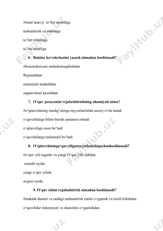 uksiyasiga ko‘ra o‘quvchilar tushuna oladigan bo‘lishi buyumlarga ishlov berish o‘quv dasturidagi mavjud operatsiyalardan ibora 11. o‘qituvchining navbatdagi mavzu bo‘yicha mashg‘ulotga tayyorlanishi nimadan boshlanadi? #kalendar rejaga asosan dars reja bayonnomasini tuzish, o’quv ustaxonalarini tayyorlash dastur tuzishdan аdabiyotlar tuplashdan konspekt tuzishdan 12. kalendar reja qanday muddatga tuziladi? #o‘quv yiliga, yarim yiliga yoki chorakka tuziladi yarim yilga chorakka o‘quv yiliga 13. o‘qituvchining darsga metodik tayyorgarligi nimadan iborat? #o‘quv adabiyoti va kushimcha adabiyotlar ustida ishlashda va mashgulotni yangi pedagogik texnologiyalar asosida utishga tayyorlash kalendar reja ustida ishlashdan dastur tayyorlashdan reja asosida ishla shda 14. dars rejasi qanday shaklda tayyorlanadi? #dars maqsadi, mehnat obe’kti, jihozlar, darsning borishi, kirish, joriy va yakunlovchi instruktaj tashkiliy qism, kirish, joriy va yakuniy instruklash darsning maqsadi, tashkiliy qism, jihozlar mustakil ta’lim va amaliy ishlar 15. bilim ko‘nikma v amalakalarni tekshirish hamda baholash qanday ahamiyatga ega? #ta’limiy va tarbiyaviy ahamiyatga ega ta’limiy ahamiyatga o‘quvchilar aktivligini oshirishga tarbiyaviy ahamiyatga 16. bilim, ko‘nikma …