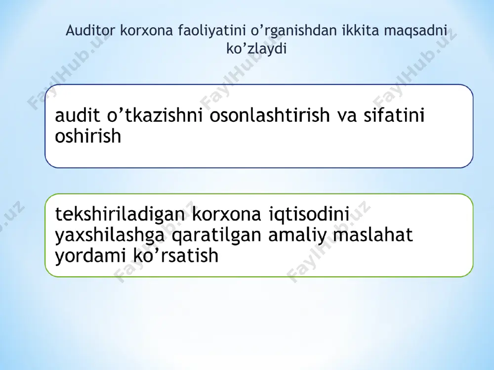 korxonada daromadni tan olish tartibi: pul mablag’larining korxona hisob-kitob schyotiga yoki kassasiga kelish me’yoriga qarab (kassa usuli) haqiqatan mahsulot (ish, xizmat)larni sotish va xaridorlarga hisob-kitob hujjatlarini taqdim qilish me’yoriga qarab (hisoblash usuli) 2. qo’shilgan qiymat solig’i (qqs)ga tortiladigan tovarlarni sotishda ishlatiladigan moddiy resurslar bo’yicha qqsni alohida hisobga olish tartibi. 3. qqsni hisoblash uchun xarajatlarni alohida (ajratib) hisobga olish tartibi iv. hisob siyosati to’g’risidagi buyruq (farmoyish) bilan tanishish tartibi: yuqoridagi tartibda test sinovi o’tkazish auditorga eng avvalo, hisob siyosatining qaysi jihatlari to’liq yoritilmagan-ligi va qamrab olinmaganligi to’g’risida xulosa qilishga yordam beradi. agar xo’jalik yurituvchi sub’ekt buxgalteriya hisobining u yoki bu usullarini mustaqil ishlab chiqadigan bo’lsa, u holda auditor ularning buxgalteriya hisobiga oid me’yoriy hujjatlarda belgilangan qoida va talablarga mos kelishini tek-shirishi lozim. ko’plab mutaxassislar ta’kidlashicha, ichki nazorat tizimi faqat korxonada ichki nazorat ichki audit xizmati tomonidan amalga oshirilgandagina yaxshi samara beradi, jamoatchilik taftish komissiyasiga yuklanganida esa yomon ishlaydi, boshqalar esa ichki …