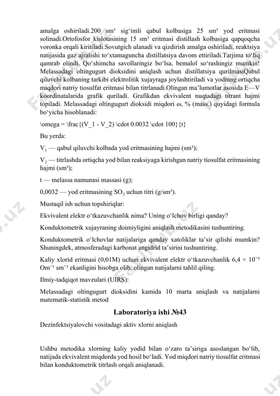 ettiriladi.tarjima to‘liq qamrab olindi. qo‘shimcha savollaringiz bo‘lsa, bemalol so‘rashingiz mumkin!melassadagi oltingugurt dioksidini aniqlash uchun distillatsiya qurilmasiqabul qiluvchi kolbaning tarkibi elektrolitik xujayraga joylashtiriladi va yodning ortiqcha miqdori natriy tiosulfat eritmasi bilan titrlanadi.olingan ma’lumotlar asosida e—v koordinatalarida grafik quriladi. grafikdan ekvivalent nuqtadagi titrant hajmi topiladi. melassadagi oltingugurt dioksidi miqdori ω, % (mass.) quyidagi formula bo‘yicha hisoblanadi: \omega = \frac{(v_1 - v_2) \cdot 0.0032 \cdot 100}{t} bu yerda: v₁ — qabul qiluvchi kolbada yod eritmasining hajmi (sm³); v₂ — titrlashda ortiqcha yod bilan reaksiyaga kirishgan natriy tiosulfat eritmasining hajmi (sm³); t — melassa namunasi massasi (g); 0,0032 — yod eritmasining so₂ uchun titri (g/sm³). mustaqil ish uchun topshiriqlar: ekvivalent elektr o‘tkazuvchanlik nima? uning o‘lchov birligi qanday? konduktometrik xujayraning doimiyligini aniqlash metodikasini tushuntiring. konduktometrik o‘lchovlar natijalariga qanday xatoliklar ta’sir qilishi mumkin? shuningdek, atmosferadagi karbonat angidrid ta’sirini tushuntiring. kaliy xlorid eritmasi (0,01m) uchun ekvivalent elektr o‘tkazuvchanlik 6,4 × 10⁻³ om⁻¹ sm⁻¹ ekanligini hisobga olib, olingan …