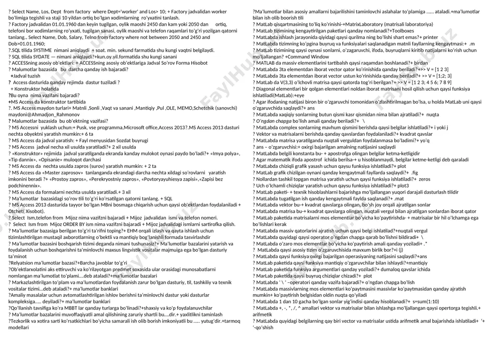 nagement)-bu:+ loyiha ma'lumotlarini boshqarish tizimi ? birinchi cad tizimi qachon paydo bo'ldi?+ 1960-yillar. ? qaysi davrda dastlabki sapr tizimi ishlab chiqarildi?+ 1970- yillar. ? cals-texnologiyalar quyidagi imkoniyatlarni amalga oshirishga imkon beradi:+mahsulot ta'minotining uzluksizligi va uning turg'unligini ta'minlash ?cam,cam tizimlari funktsional xarakteriga ko'ra quyidagilarga bo'linadi:+3 bosqich ? avtomatlashtirilgan loyihalash bosqichi yordamida qanday tizimlaridan foydalaniladi.+ cad; ? muhandislik tahlilini hisoblash tizimini ko’rsating.+ cae ? konstruktor loyihalash tizimini :+ cad ? texnologik jarayonni loyihalash tizimini :+ cam ? loyihalash bu...+ mavjud bo'lmagan ob'ektning tavsifini tuzish jarayoni. ? cad (sapr) ni yaratishning asosiy maqsadi:+ loyihalash va ishlab chiqarish bosqichlarida ishlarni avtomatlashtirish hisobiga muhandislarning ish samaradorligini oshirish; ?sapr kichik tizimlardan iborat:+xizmat ko'rsatish loyihalash ? loyihalashning tizimlari bevosita bajaradi:+ loyihalash protseduralari ? inson va kompyuter bilan birgalikda yaratilgan loyihalash bu-+ avtomatlashtirilgan ? matematik paketiga qaysi dasturlar kiradi ...+ maple, mathematica, wxmaxima, matlab ? matematik paketidagi dasturlarda qanday amallar bajarilmaydi… +jadval ko’rinishdagi hisoblar ? mathcad paketida to’gri …
