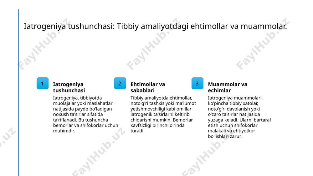 tanlashda ehtiyotkorlik zarur. muolajalar ta'siri va mumkin bo'lgan noxush holatlar haqida bemorlarga ma'lumot berish muhimdir. 4 bemor huquqlari bemorlar o'zlarining muolajalariga oid to'liq ma'lumotga ega bo'lishlari kerak. bu, ularning xavfsizligini ta'minlash va iatrogenik ta'sirlarni kamaytiradi. xulosa 1 iatrogeniya va xavf-xatar iatrogeniya tibbiyotda noxush ta'sirlar keltirib chiqarishi mumkin. bemorlarning xavfsizligini ta'minlash uchun ehtiyotkorlik va aniqlik muhimdir. 2 tibbiy amaliyotdagi ehtiyotkorlik tibbiy amaliyotda ehtiyotkorlik va ma'lumotlar asosida qarorlar qabul qilish zarur. bemorlar va tibbiyot xodimlari o'rtasidagi aloqa muhim ahamiyatga ega. 3 bemor huquqlari va mas'uliyat bemor huquqlari va mas'uliyatlari tibbiy etikada muhim o'rin tutadi. bemorlar o'z sog'lig'i haqida ma'lumotga ega bo'lishi va qarorlarda ishtirok etishlari kerak. foydalanilgan adabiyotlar 1. iatrogeniya tushunchasi va uning tibbiyotdagi ahamiyati. tibbiyot jurnali, 2022 2. bemor xavfsizligi va iatrogeniya: muammo va yechimlar. tibbiy etikasi, 2023 3. tibbiy muolajalar va iatrogenik ta'sirlar. tibbiy ilm-fan, 2021 4. iatrogeniya va uning bemorlardagi ta'siri. o'zbekiston tibbiy jurnali, 2023 5. iatrogeniya tushunchasi: muammolar …