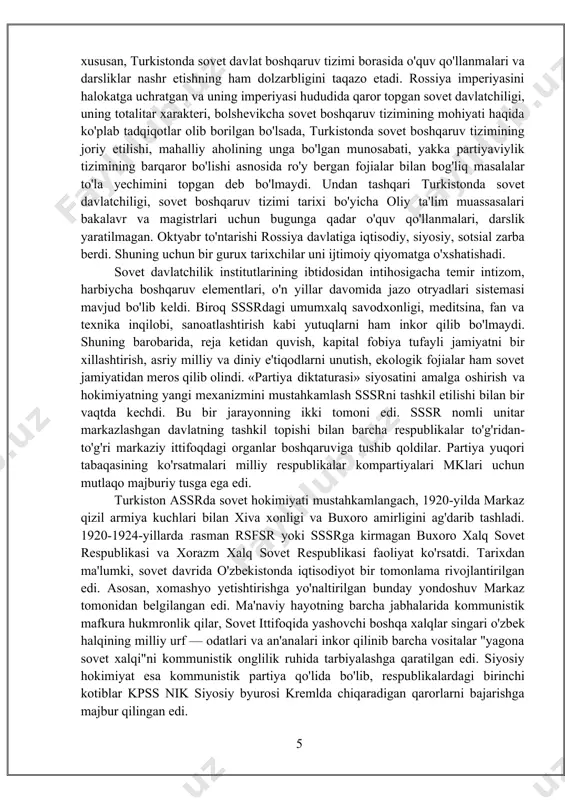ari va siyosatshunoslari hisoblanadi) hamon qaťiy isbot talab qilmaydigan tayyor xulosalarga duch kelinadi. vaholanki, butun insoniyat tarixini xx asrda jiddiy ravishda o'zgartirib, katta oqibatlarga olib kelgan voqealar ibtidosi aynan rossiyada bo'lgan fevral inqilobi, xususan, oktyabr to'ntarishi bilan bog'liq hisoblanadi. shuningdek, oktyabr to'ntarishining qonli tarixi — xx asrning buyuk fojeasi, o'zbek xalqi boshiga solingan kulfatlarning ibtidosidir. bu to'ntarish tarixchi odamlar, partiyalar, sinflar o'rtasidagi ashaddiy olishuvlar bilan to'la, insoniy hissiyotlar jo'sh urgan suronli o'zgarishlar yuz bergan, xatolar, uqubatlar, urushlar bilan to'lgan. butun bir xalqlar, ijtimoiy tabaqalar va sinflar uchun fojeaviy natijalar keltirgan o'zgarishlardan iborat2. rossiyada 1917-yilning 8 oyi ichida bo'lgan ikkita inqilob va oktyabr to'ntarishi vujudga kelishining ijtimoiypsixologik omillari xususida so'z yuritilar ekan, ushbu o'rinda rossiyalik tarixchi b. n. zemsovning quyidagi fikrlariga to'xtalib o'tish maqsadga muvofiqdir: ”rossiyada revolyutsiyani keltirib chiqaruvchi muhim omil bu hokimiyatning har tomonlama obro'sizlanishi edi. hukumatga qarshi 1 абдуллаев р. национальные политические организации туркестана в 1917 — 1918 годы. …