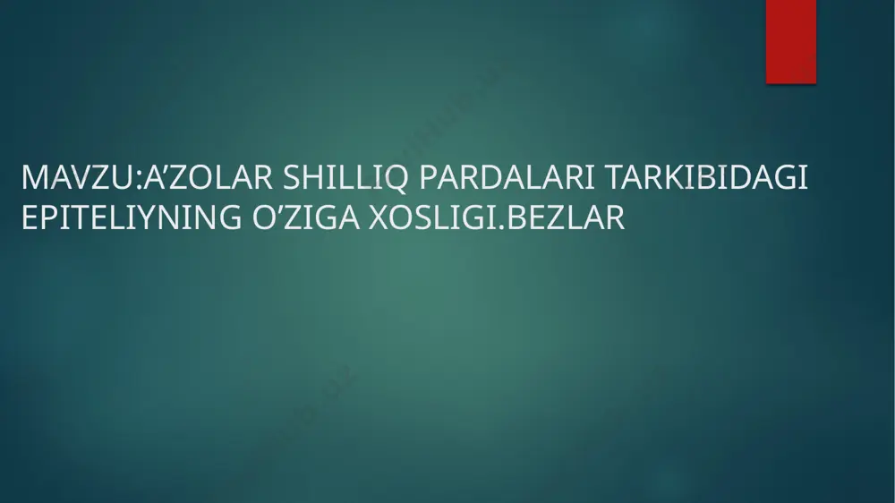 araydi va odatda suyuqlik yoki havo taʼsiri ostida boʻladi. bazal qism – hujayralarning pastki tomoni. masalan, ichak hujayralarining apikal qismi barmoq shaklidagi tuzilmalarga ega, ular ozuqa moddalarini soʻrish uchun sirt maydonini oshiradi. bez, bezlar (glandulae) — 1) organizmning normal hayot faoliyati uchun zarur boʻlgan va oʻziga xos maxsus shiralar (sekret) ishlab chiqaradigan hujay-ralar yoki koʻp hujayrali aʼzolar gipotalamus, o'rta miyaning kichik maydoni hisoblanadi, uni endokrin tizim bilan bog'laydi. portal vena tizimi orqali u gipofiz bezi bilan aloqada bo'lib, uning gormonlarini chiqarishni tartibga soladi me'da osti bezi aralash bez bo'lib, to'qimasining 98-99% i tashqi sekretsiya funksiyasini bajarib, ovqat hazm qilishda ishtirok etuvchi fermentlarni ishlab chiqara¬di. bez to'qimasining 1-2% i, ya'ni langergans orolchasi deb ataluvchi qismi ichki sekretsiya funksiyasini bajaradi. etiboringiz uchun raxmat! image6.png image7.png image8.png image9.png image10.png image11.png image12.png image2.png image3.png image4.png image5.png /docprops/thumbnail.jpeg