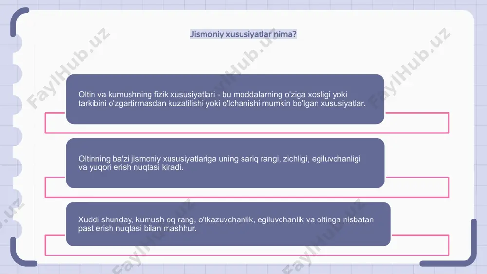 biri uning sariq rangidir, kumush esa oq rangi bilan mashhur. oltin kumushga nisbatan qorayish va korroziyaga ham chidamli. erish va qaynash nuqtalari bo'yicha oltin kumushga qaraganda yuqori erish va qaynash nuqtasiga ega. oltin ham egiluvchan, ya'ni kumushga nisbatan ingichka simlarga tortilishi mumkin. oltin va kumushning kimyoviy xossalarini solishtirish oltin va kumush o'xshash fizik va kimyoviy xususiyatlarga ega qimmatbaho metallardir. oltin ham, kumush ham elektr va issiqlikning ajoyib o'tkazgichlari. biroq, oltin kumushga nisbatan korroziyaga va qorayishga nisbatan ancha chidamli. oltindan foydalanish oltin yumshoq, sariq rangli metall bo'lib, yorqinligi yuqori va kimyoviy belgisi au. bu elektr tokini yaxshi o'tkazuvchi va korroziyaga va qorayishga juda chidamli. kumush - ag kimyoviy belgisi bo'lgan oq, yorqin metall. bu elektr tokining ajoyib o'tkazuvchisi va korroziyaga juda chidamli. oltin o'zining jozibali jismoniy xususiyatlari va tanqisligi tufayli zargarlik buyumlari, valyuta va elektronikada keng qo'llaniladi. kumush turli sohalarda, jumladan elektronika, fotografiya va tibbiyotda qo'llaniladi. kumushdan foydalanish oltin va kumush …
