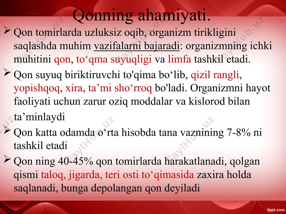 ‘ilgan bolada qon tana vaznining 15% ni, bir yashar bolada 11% ni, 6 yoshdan 14 yoshgacha 14% ni, katta odamda esa 7% ni tashkil etadi. yangi tug‘ilgan bolada eritrotsitlar k o ‘p bo'lganidan qonning yopishqoqligi 10-11 bo‘lib, ikki yoshda 6 gacha tushadi, kattalarda 4 bo‘ladi. qon aylanishi qon aylanish orqali yurak va qon tomirlar faoliyati ta’minlanib turadi. qon aylanish organlari yurak tomirlar arteriya vena kapilyar yurak konus shaklida muskulli organdir. u uch qavatdan tashqi - seroz, epikard - o‘rta muskul - miokard va ichki yassi epiteliy - endokarddan tuzilgan. epikard yurak xaltasiga tutashib ketgan yurak tuzilishi o’ng bo’lmacha o’ng qorincha chap bo’lmacha chap qorincha muskulli to’siq yurak klapanlari tavaqali klapanlar yarim oysimon klapnlar arteriya vena muskul qavat kapillyar tomir. kapilyar bir qavat epiteliy dan iorat qon aylanish doiralari. katta kichik yurakka adashgan nervlar orqali uzunchoq miyadan markazga intiluvchi impulslar keladi. orqa miyaning ko‘krak segmeptidan chiqqan simpatik tugunlardan 2 ta simpatik …