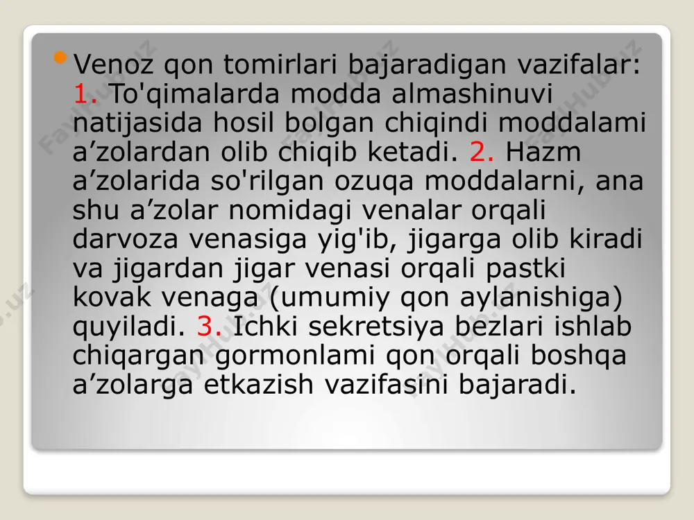ularis anterior ham da chap qirradagi vena — v. marginalis sinistra larning quyilishidan hosil bo'ladi; 2) v. ventriculi sinistri — chap qorincha venasi; 3) v. obliqua atrii sinistri — chap bo'lmachaning qiyshiq venasi; 4) v. cardiaca media — yurakning o'rta venasi; 5) v. cardiaca parva — yurakning kichik venasi. bu venaga v.marginalis dextra — o'ng qirra venasi, hamda v. venticuli dextri — o'ng qorincha venalari quyiladi; 6) v.v. cardiaca minimae — yurakning mayda (eng kichik) venalari o'ng bo'lmacha venalaridan — v.v.atriales dextrae hamda o'ng qorincha venalari — v.v. ventriculares dextrae dan tashkil topadi. bundan tashqari yurakda r .vessen (1706) va a.tebeziya (1708) tomonidan aniqlangan, yurakning qorinchalariga ochiladigan qon tomirlar ham bo'ladi. o'pka venalari ikki juft bo'lib, yurakning chap bo'lmasiga quyiladi. vena nomi bilan atalsa ham ichida kislorodga boy bo'lgan arterial qon bo'ladi. venae pulmonales o'pka venalari quyidagi venalardan hosil bo'ladi: 1) venae pulmonales dextra superior — o'ng o'pkaning yuqori venasi; …
