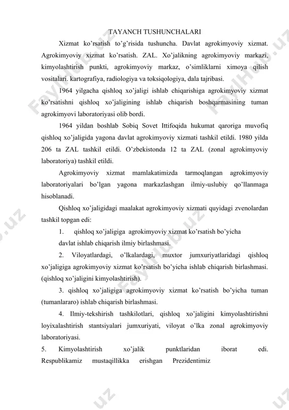 tiyoriga berildi. davlat (mamlakat) agrokimyoviy xizmati: - xo’jaliklar yerlarini agrokimyoviy holatini tekshirish. - tuproq, o’simlik va o’g’itni kerakli ommaviy analizlarini bajaradi. - o’g’itlarni ratsional qo’llash bo’yicha tavsiyanomalar ishlab chiqish. - tayyorlanayotgan yem - xashaklarning oziqa qimmatini aniqlaydi. - yem-xashaklarni ishlatish bo’yicha xo’jaliklarga kerakli tavsiyalar beradi. - xo’jaliklarda o’g’itlar va kimyoviy melioratsiyalash vositalarini to’g’ri qo’llanishini nazorat qiladi. - qishloq xo’jaligida qo’llanilayotgan o’g’itlar va boshqa kimyoviy moddalarni sifatini aniqlash. - qishloq xo’jaligini kimyolashtirishni iqtisodiy samaradorligini aniqlaydi. - arbitraj analizlarni bajaradi. - qishloq xo’jalagiga yuboriladigan mineral o’g’itlar va kimyoviy meliorantlar sifatini nazorat qiladi. 1974 yildan boshlab atrof muxitni va xosilni pestitsidlar bilan ifloslanishini nazorat qilish sistemasini ishlab chiqmoqda. agrokimyoviy xizmat qursatish zal quyidagi bo’limlarni o’z ichiga oladi: 1. agrokimyoviy tekshirish. 2. o’g’itlar bilan dala tajribasi qo’yish va ulardan samarali foydalanish bo’yicha tavsiyalar ishlab chiqish. 3. yopiq grunt bilan ishlash bo’limi. 4. yem-xashak va o’simlik maxsuloti sifatini baxolash. 5. iqtisodiy tekshirishlar. 6. loyihalash-smeta bo’limi. …