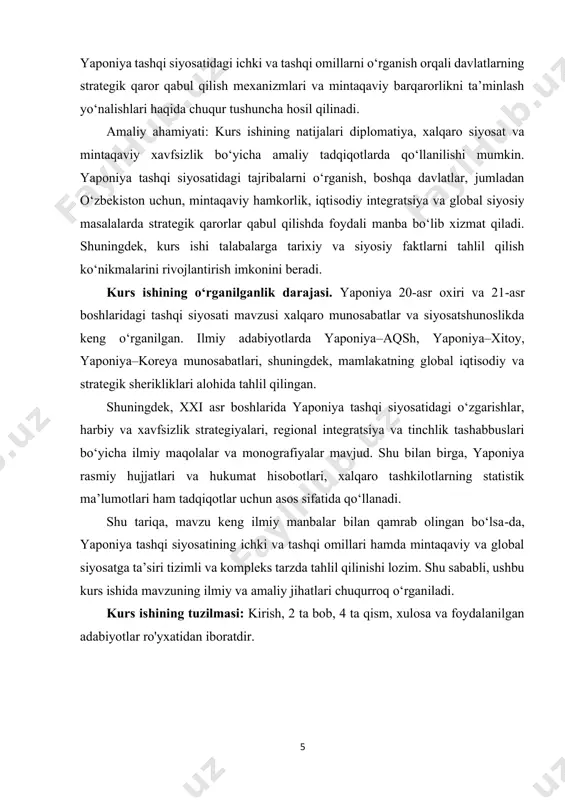 vfsizlik, iqtisodiy hamkorlik va strategik sherikliklarga qaratilgan. shu davrda yaponiya o‘zining diplomatik faoliyatini kengaytirib, osiyo va dunyo mamlakatlari bilan iqtisodiy, siyosiy va harbiy aloqalarni rivojlantirdi. iqtisodiy diplomatiya va global integratsiya: 1980–1990-yillarda yaponiya iqtisodiyoti jadal o‘sib, dunyoning yetakchi iqtisodiy kuchlariga aylandi. shu davrda yaponiya tashqi siyosatining asosiy yo‘nalishlaridan biri – iqtisodiy diplomatiyani rivojlantirish bo‘ldi. mamlakatning savdo siyosati va investitsiya faoliyati global iqtisodiyot bilan integratsiyani kuchaytirishga xizmat qildi. 7 yaponiya jahon savdo tashkiloti va boshqa xalqaro iqtisodiy forumlarda faol ishtirok etib, eksport-import siyosati, texnologik hamkorlik va investitsiyalar orqali o‘zining global mavqeini mustahkamladi. shu bilan birga, yaponiya iqtisodiy diplomatiyasi orqali mintaqaviy barqarorlikni ta’minlashga ham katta hissa qo‘shdi. yaponiya–aqsh munosabatlari: xx asr oxirida yaponiya tashqi siyosatining muhim yo‘nalishlaridan biri – aqsh bilan strategik va harbiy sheriklikni rivojlantirish bo‘ldi. sovuq urush davrida yaponiya va aqsh o‘rtasidagi alyans, mintaqaviy xavfsizlikni ta’minlash va xitoy, koreya yarim orolidagi siyosiy muammolarni boshqarish uchun asos bo‘ldi. yaponiya–aqsh munosabatlari faqat harbiy …