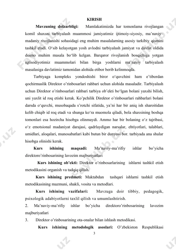 rinbosarining maqsad va vazifalari. direktor o‘rinbosari o‘quvchilarga nisbatan mehr va muhabbat, pedagogik jamoasiga va ota-onalarga nisbatan talabchan bo‘lgan holda ish tutishda va muntazam o‘z ustida ishlab, sabr-bardoshli, o‘z fikrlarini puxta bayon qilib, o‘zgalarni o‘ziga jalb qila oladigan xislatlarni o‘ziga mujassamlaydi. davlat va xukumatimiz tomonidan qabul qilingan barcha xujjatlar mohiytini, prezident asarlarini yaxshi bilishi, uni o‘quvchi-yoshlar orasida targ‘ib eta olishi, xalq pedagogikasi an’analarini, o‘zbek xalqi milliy urf-odatlari, qadriyatlari, allomalari o‘gitlarini yaxshi bilishlari lozim: -mamlakatimizning ichki va tashqi siyosatini yaxshi bilishi va doimo uni o‘z faoliyatida hisobga olishi, tarbiyaviy ishlarni tashkil etishning ilmiy asoslari hamda yangicha usul va metodlarini yaxshi bilishi; -radio, televidenie va ommaviy axborotning boshqa vositalari orqali berilgan eng so‘nggi yangiliklardan boxabar bo‘lishi hamda ularning mohiytini o‘quvchilarga etkaza olishi; -direktor o’rinbosarlaridan tashqari tadbirlarni tayyorlash va o‘tkaza bilishi; -tuman, shahar, viloyat, respublika miqyosida o‘tkaziladigan tadbirlarda ishtirok etishi; -maktabda o‘quvchilar bilan tarbiyaviy ishlarni olib borayotganlarga metodik tavsiyalar berib borishi; -muntazam ravishda o‘z …