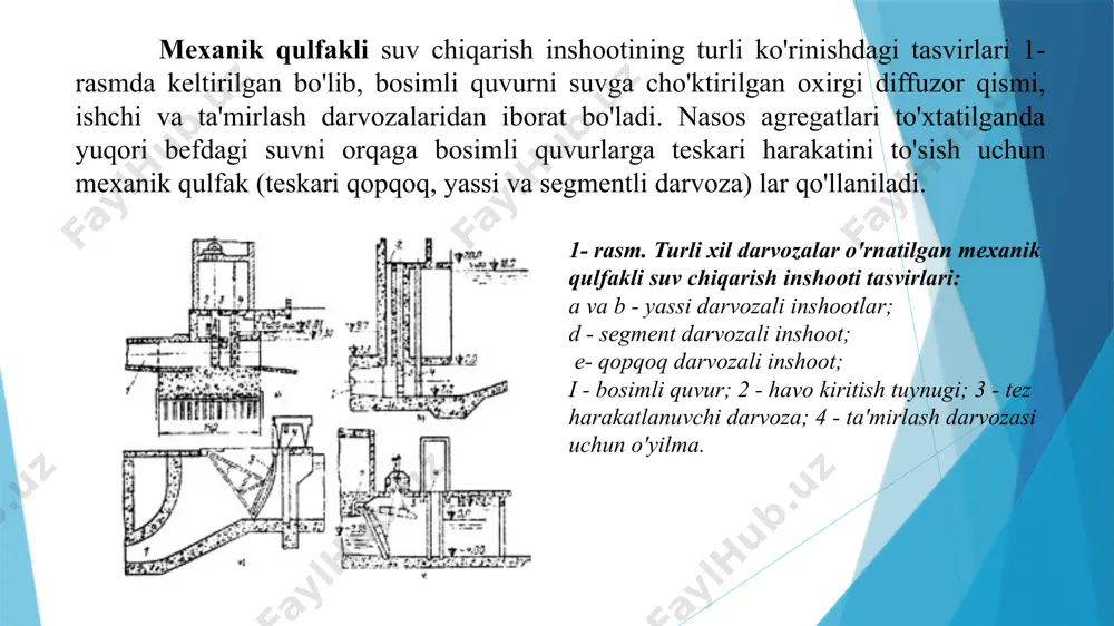 i zarur. havo tuynigining kesim yuzasini 40...50 m/s havo tezligi uchun topiladi. havo sarfi nasosning hisobiy suv uzatishiga teng qabul qilinadi. suv chiqarish inshootining o'lchamlari quvurlarni soni va o'lchamiga, suv olib ketuvchi kanalning o'lchamlari va undagi suv sathining o'zgarishiga bog'liq holda, quyidagi tartibda aniqlanadi. quvurning chiqish qismidagi diffuzorning diametri: bu yerda, d— bosimli quvur diametri. diffuzordan chiqishdagi oqimining minimal tezligi: qmm— bitta agregatning suv uzatishi, m3/s . quvurning chiqishdagi diffuzori kengayish burchagi 0 - 8...10 olinadi. diffuzorning yuqori qismini minimal suv sathidan botirilishi diffuzorning pastki qismidan inshoot tubigacha masofa s=0,2 m qabul qilinsa, so'ndirish qudug'ining minimal chuqurligi: quduq ostonasining balandligi quduqning maksimal chuqurligi bu yerda, , mashina kanalining minimal va maksimal chuqurliklari, (1-rasmdagi kanalning q=f (h) grafigidan olinadi). inshoot devorining maksimal suv sathidan yuqori qismi balandligi t=0,3 0,6 m olinadi. bosimli havza har bir bo‘linmasi eni bosimli havzaning umumiy eni bu yerda: b-ustundan diffuzorgacha qoldiriladigan zaxira. (b=0,2 0,3) m n …