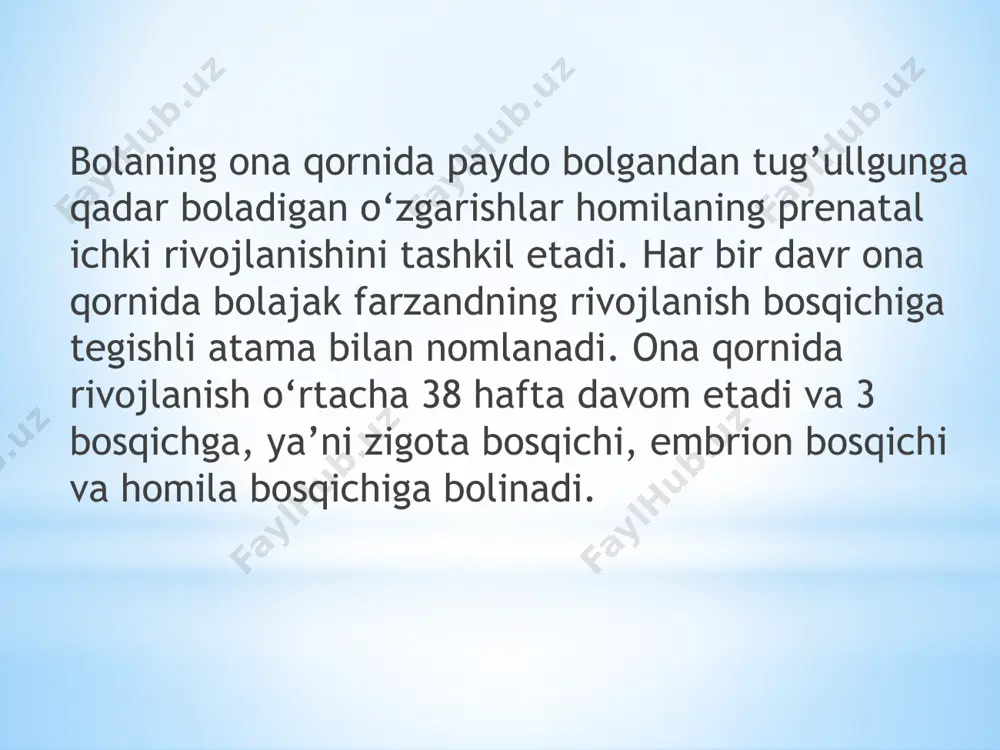 mkin. 3 haftalik embrion uzunligi 2 millimetrdan oshmaydi. hujayralarning darajalarga bolinishi boshlanib, organizm ko‘proq salamandrani eslatadi. 0‘sish va rivojlanish tezlik bilan amalga oshadi, 8 haftalik embrionda ko‘zlar, og‘iz, qo‘l va oyoqlarni ko‘rish mumkin, miya va nerv tizimi ham juda tez rivojlanadi, embrion yuragi bir oy avval o‘z faoliyatini boshlab yuborgan boladi. embrionda odamga xos organlar u yoki bu shaklda mavjud boladi, lekin uning olchamlari onaga sezilarli darajada bolmaydi. homila bosqichi (9—38 hafta) homila bosqichi oxirgi va eng uzoq davom etadigan bosqich bo‘lib, to‘qqizinchi haftasidan boshlab, tug‘ruq bilan tugallanadi. bu vaqtda homilaning tana o‘lchamlari kattalashadi va organizm tizimlari faoliyat yurita boshlaydi. 4 oylikdan homilaning og‘irligi 113,4 grammdan 226,8 grammgacha yetadi. oxirgi 5 oyda homilaning og‘irligi 1984,5 grammdan 2268 grammgacha o‘lchamlari kattalashib borishini ko‘rish mumkin. yangi tug‘ilgan bola anatomik-fiziologik tomondan hali yetilmagan bolib, katta kishi organizmidan o‘ziga xos tomonlari bilan farq qiladi. yangi tug'ilgan bola suyak-muskul tizimining tez o‘sishi bilan kattalardan keskin …