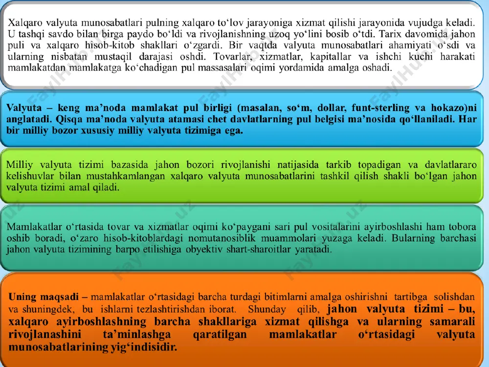 tib olish mumkin) bu yerda de (%) – nominal valyuta kursining foizdagi o’zgarishi de (%) – real valyuta kursining foizdagi o’zgarishi (r*- r) - inflyatsiya sur’atlarining ayirmasi nominal valyuta kursi ikkala mamlakatdagi pul-kredit siyosatiga bog’liq nominal almashtirish kursining pasayishi eksport uchun qulay sharoit yaratadi. nominal almashtirish kursining oshishi esa import uchun qulaydir. bu yerda: r — xorijiy valyutaning milliy valyutadagi narxi; rd — ichki narxlar darajasi; rt — chet eldagi narxlar darajasi. xarid qobiliyati pariteti konsepsiyasiga koʻra valyuta kursi doimo turli mamlakatlarda narxlar darajasining oʻzgarishi natijasida kelib chiqadigan farqni qoplash uchun zarur boʻlgan darajada oʻzgaradi. ya’ni: nx = nx () bu sof eksport real almashtirish kursning funksiyasidir real almashtirish kursi nx nx () real almashtirish kursi qanchalik past bo’lsa, milliy tovarlar import tovarlarga nisbatan shunchalik arzon bo’ladi va sof eksport miqdori oshadi. sof eksport miqdori noldan kichik bo’lishi mumkin, chunki import hajmi eksportdan oshishi mumkin.  0 saldo to’lov balansining …