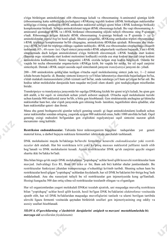 lar, dasturlar beradi. bu informatsion dnk molekulasida, qisman rnkda ham nukleotidlarning birin- ketin kelishi shaklida yozilgan. unga biologik kodlash yoki genetik kodlash deyiladi. oqsil sintezida dnk asosiy rol o'ynaydi. dnk 4 xil nuk- leotidlardan tashkil topgan bo'lib, har bir aminokislotani 3 ta (triplet) nukleotid kodlaydi. bu 3 ta nukleotidlar tripleti aminokislota kodi, kodon, genetik kod deyiladi. jami 64 ta kod bo'lib, shundan 61 tasi 20 ta aminokislotani kodlaydi. 3 ta triplet terminator (stop kodon) kodlari bo'lib, aminokislotani kodlamaydi (8- jadval). irnk ohirida terminator kodlari keladi va oqsil sintezini tugaganligini bildiradi. bir aminokislotani 1 tadan to 6 tagacha kod kodlashi mumkin. dnk hujayra yadrosida mavjud bo'lib, oqsil sintezi esa sitoplaz- madagi ribosomalarda amalga oshadi. oqsil strukturasidagi axborot dnkda saqlanadi. turli oqsillar birlamchi strukturasi haqidagi axborotlar yozuvi dnk uzun ipida birin-ketin keladi. dnkning bir molekula oqsil sintezini belgilab beradigan har bir qismi gen deb ataladi. xromosomadagi ikki zanjirli dnkning bitta geni joylashgan …